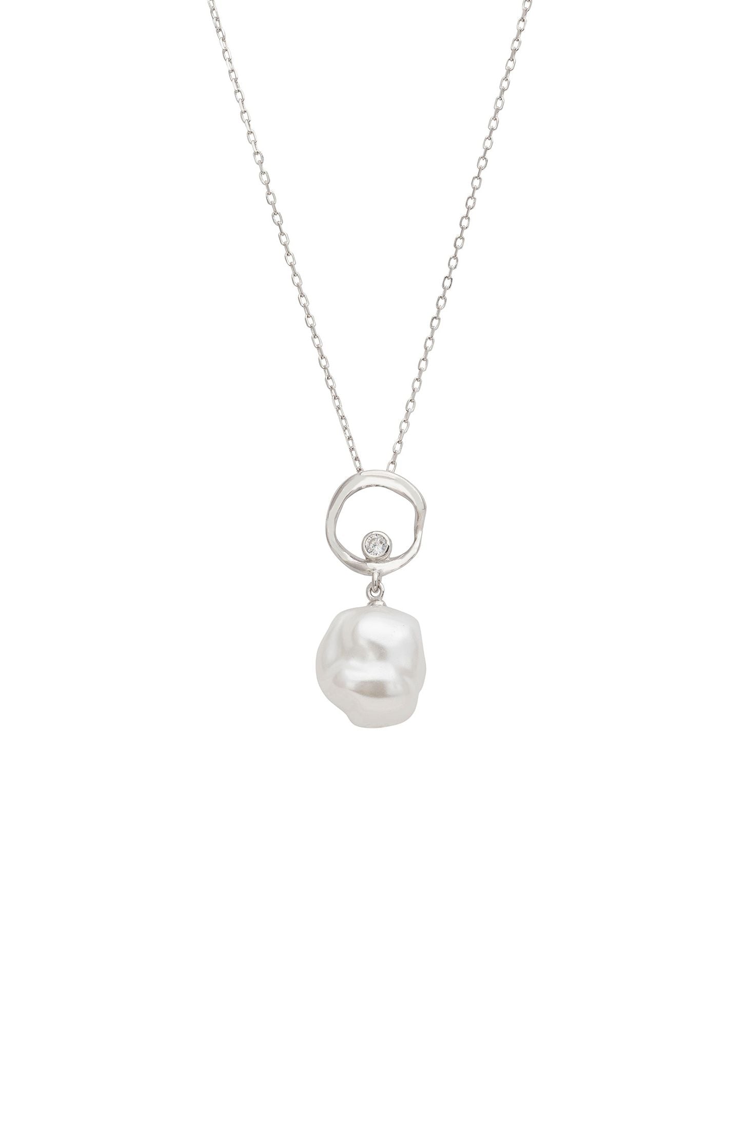 Pearl necklace with silver pendant on a white background