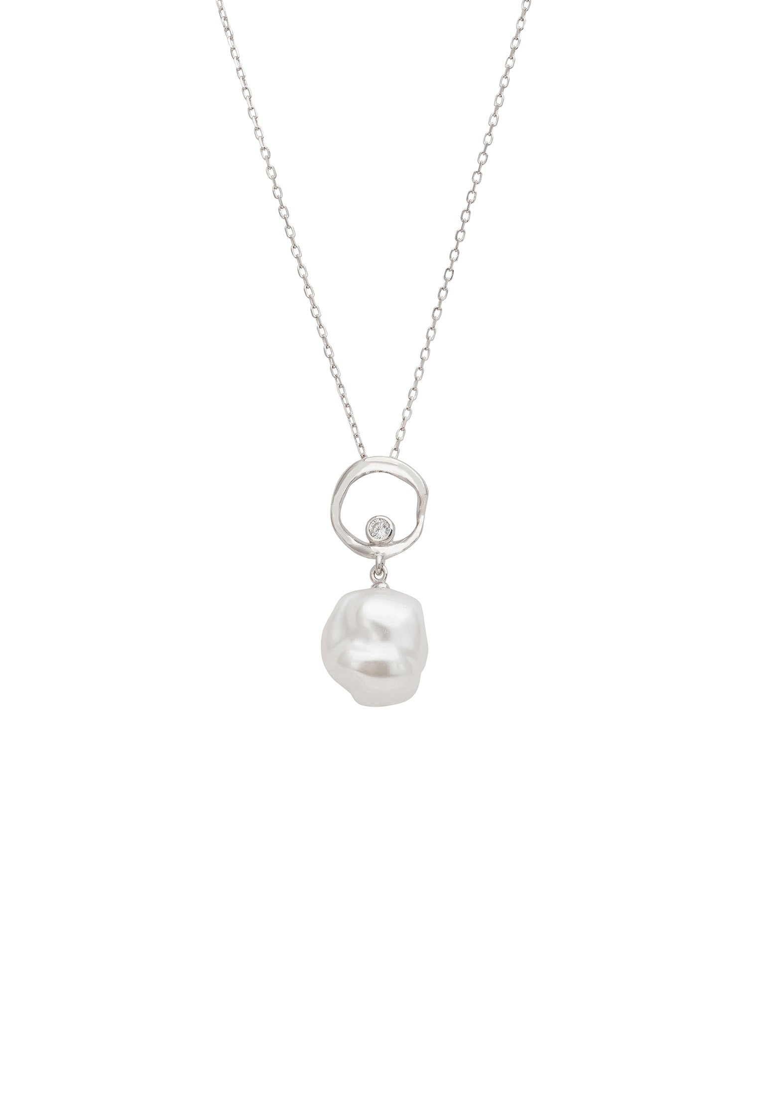 Pearl necklace with silver pendant on a white background