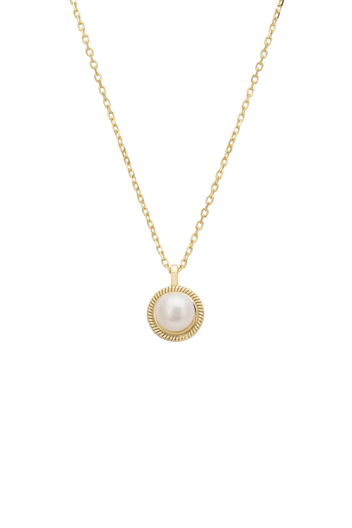Gold necklace with a pearl pendant on a white background