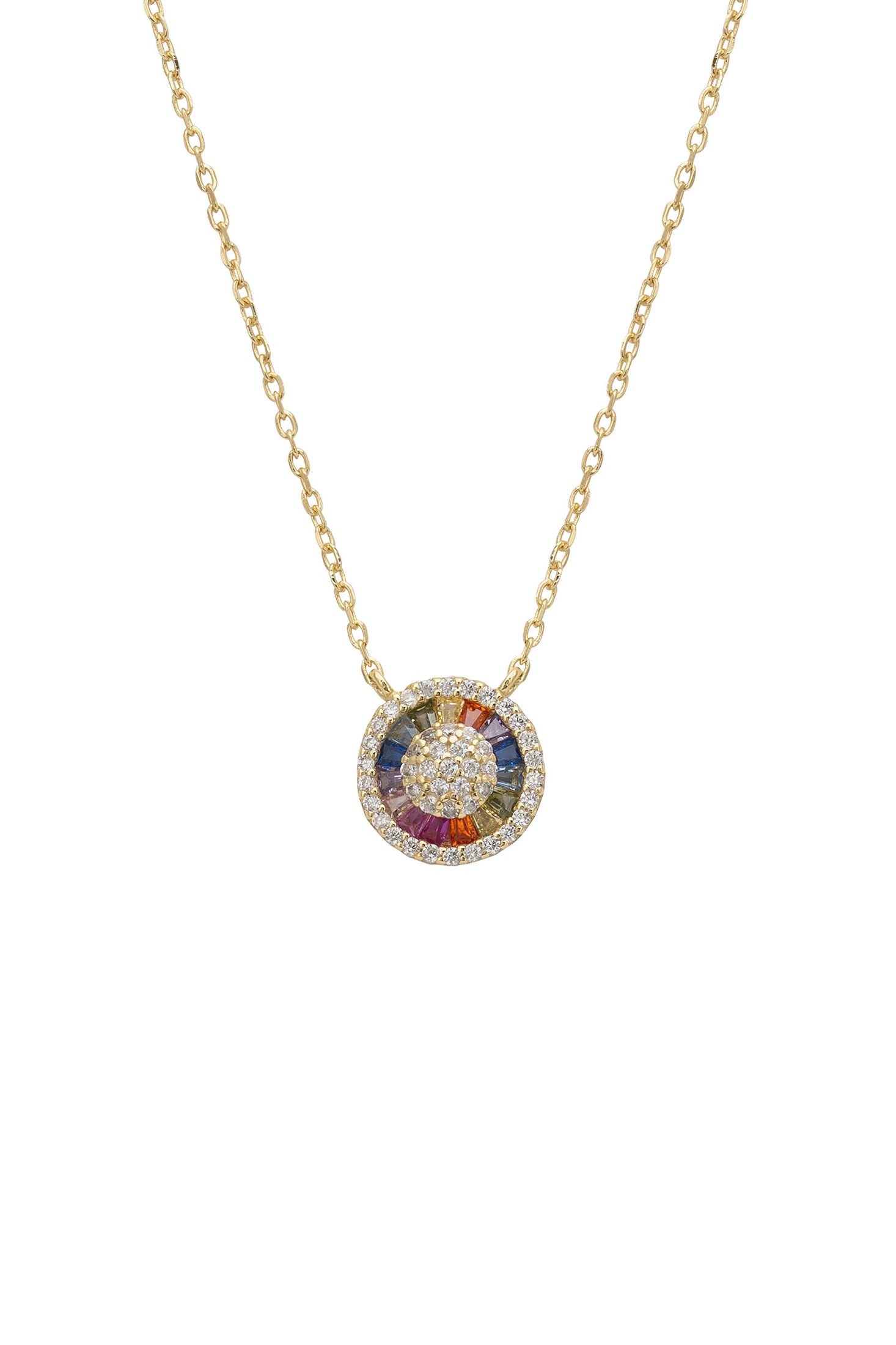 Necklace with a colorful circular pendant on a white background