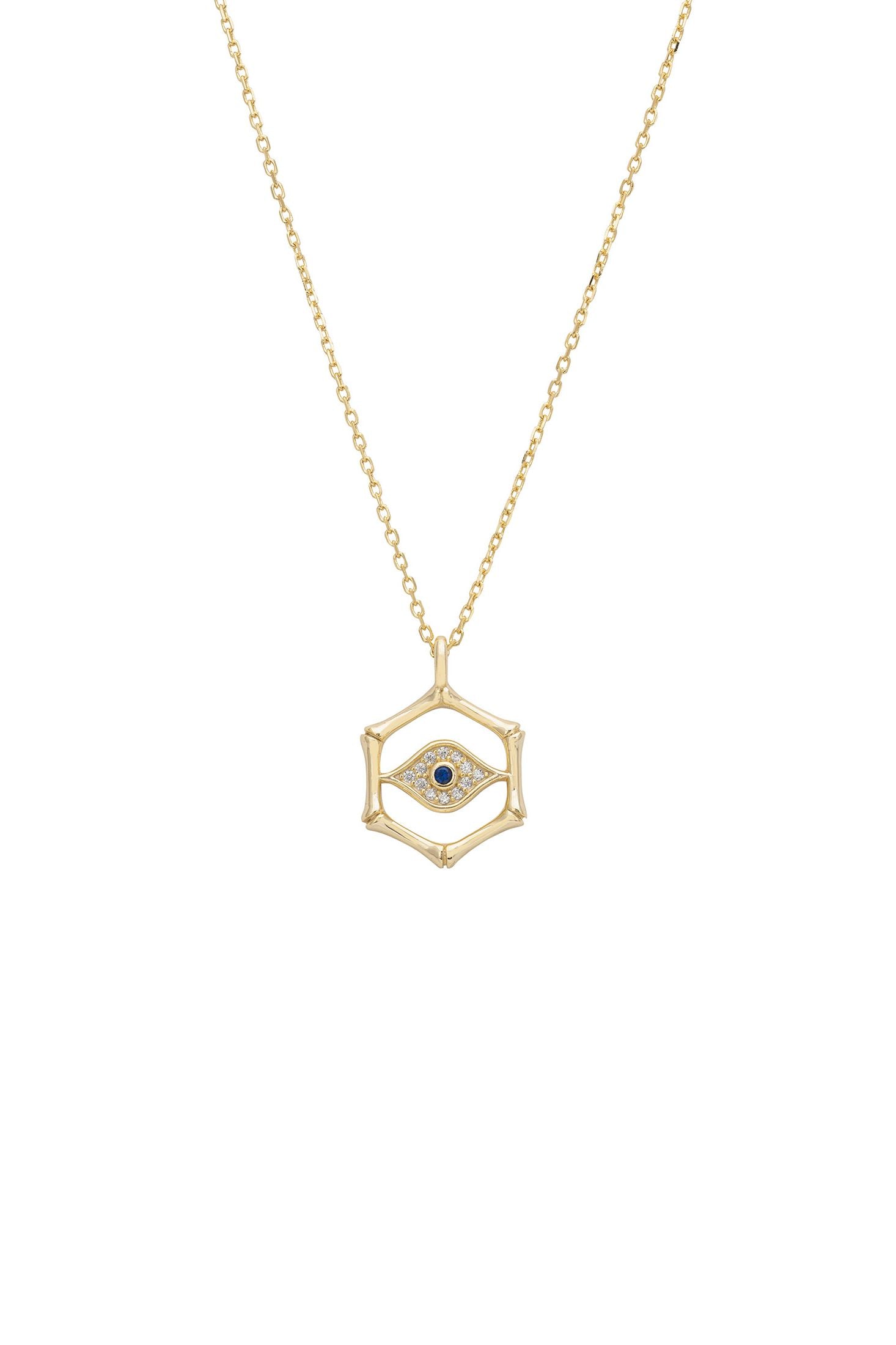 Gold necklace with an eye-shaped pendant on a white background