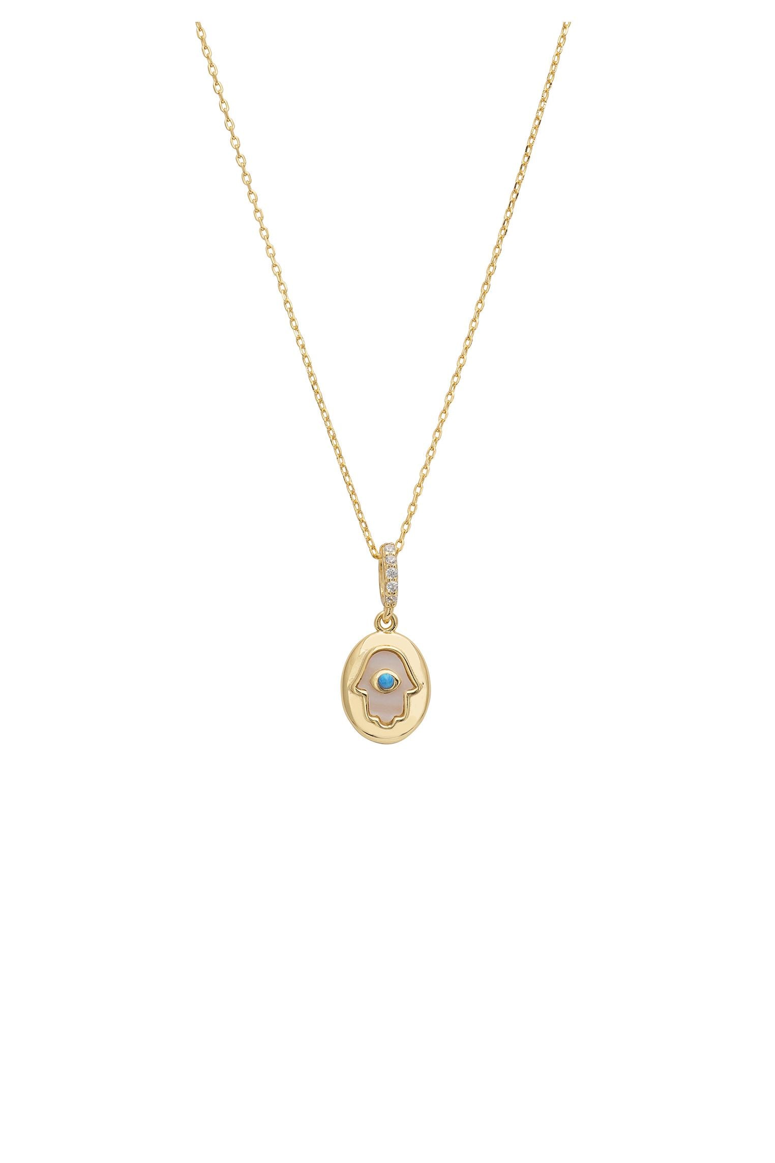 Hamsa Hand Mother Of Pearl With Opal Necklace Gold