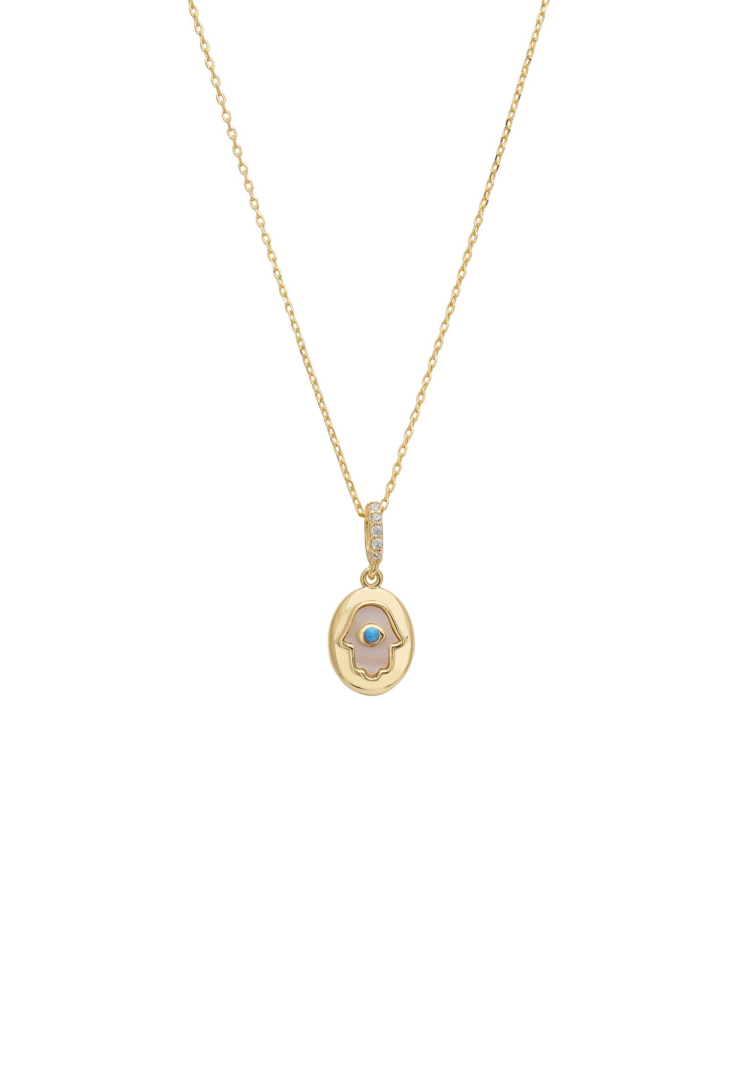 Hamsa Hand Mother Of Pearl With Opal Necklace Gold