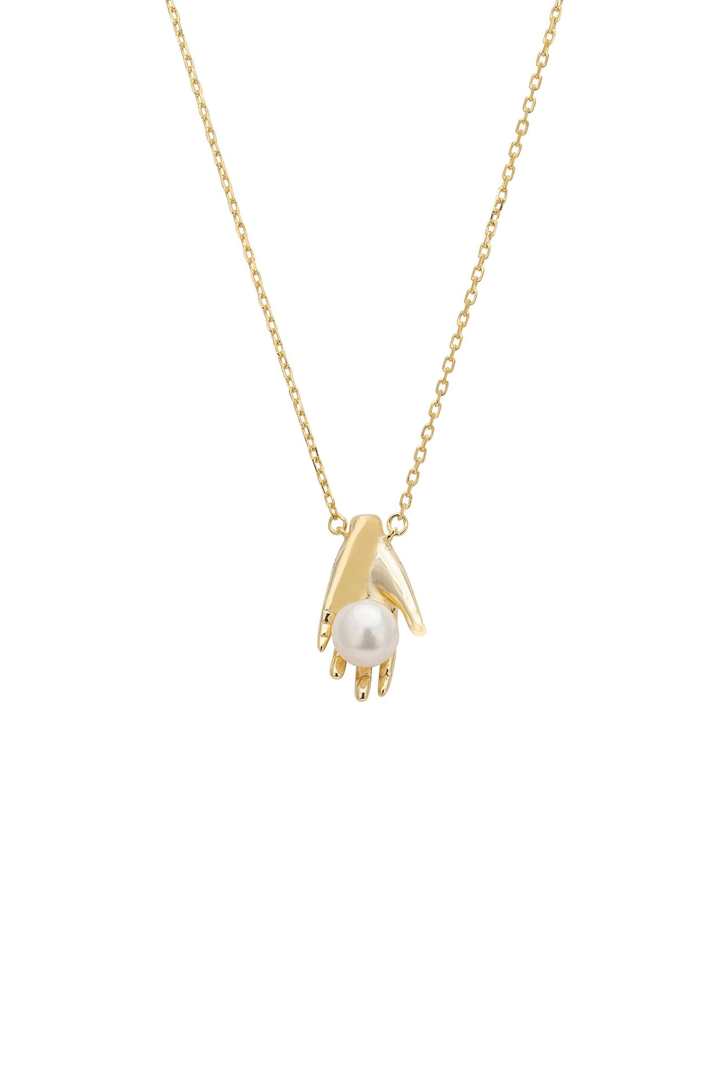 Gold necklace with a pearl pendant on a white background