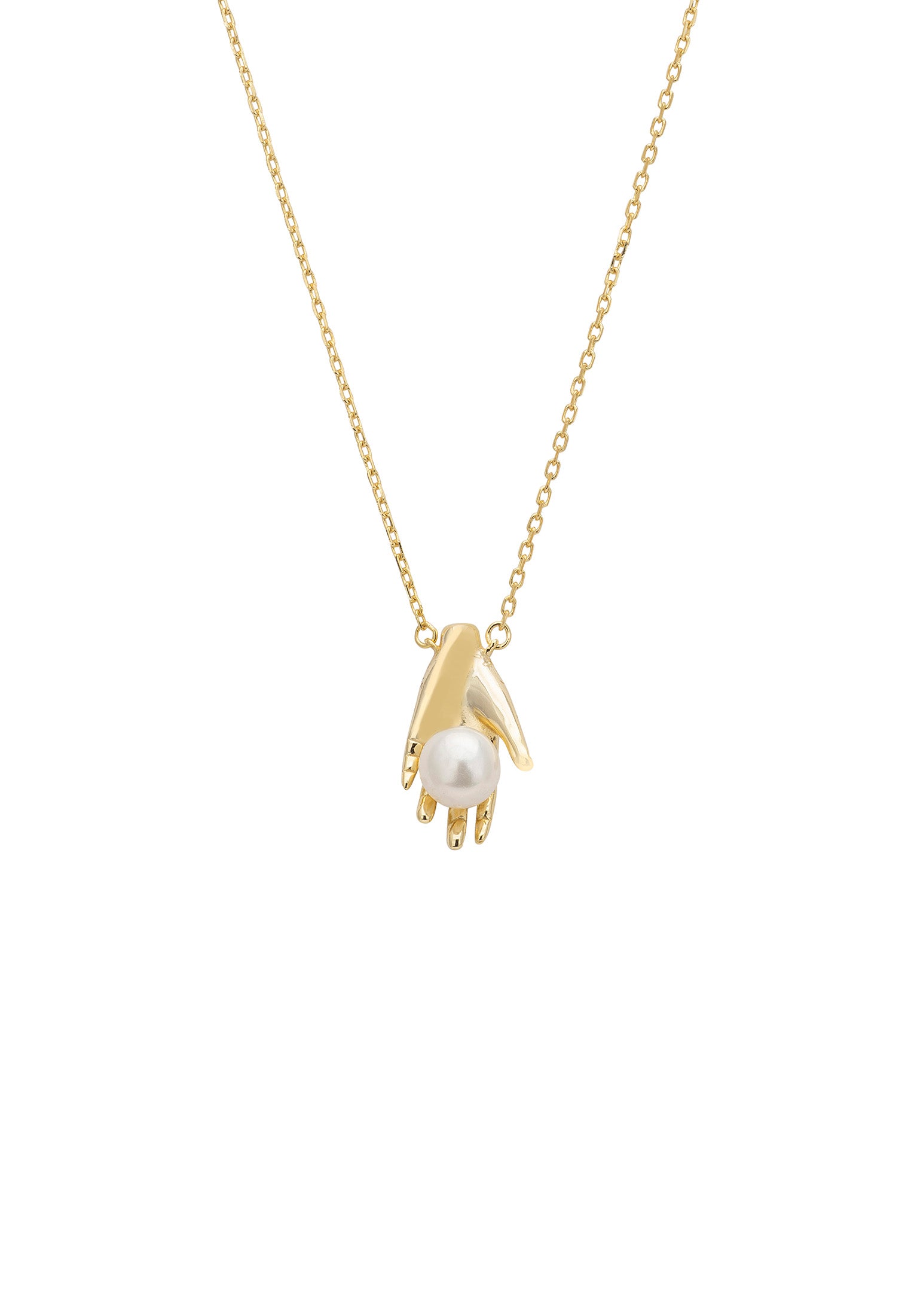 Gold necklace with a pearl pendant on a white background