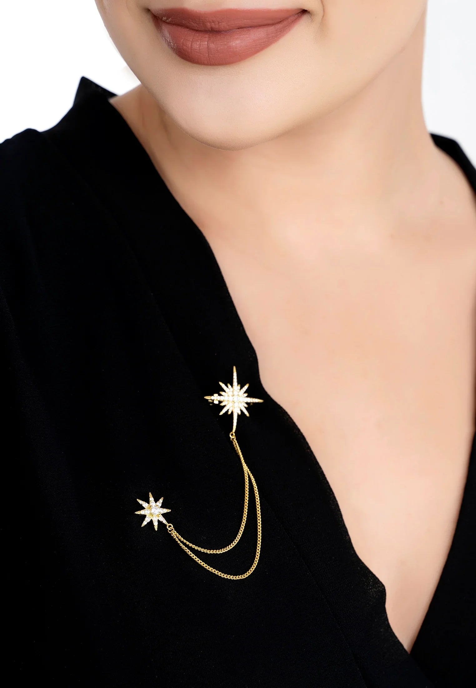 The brooch worn by a model.