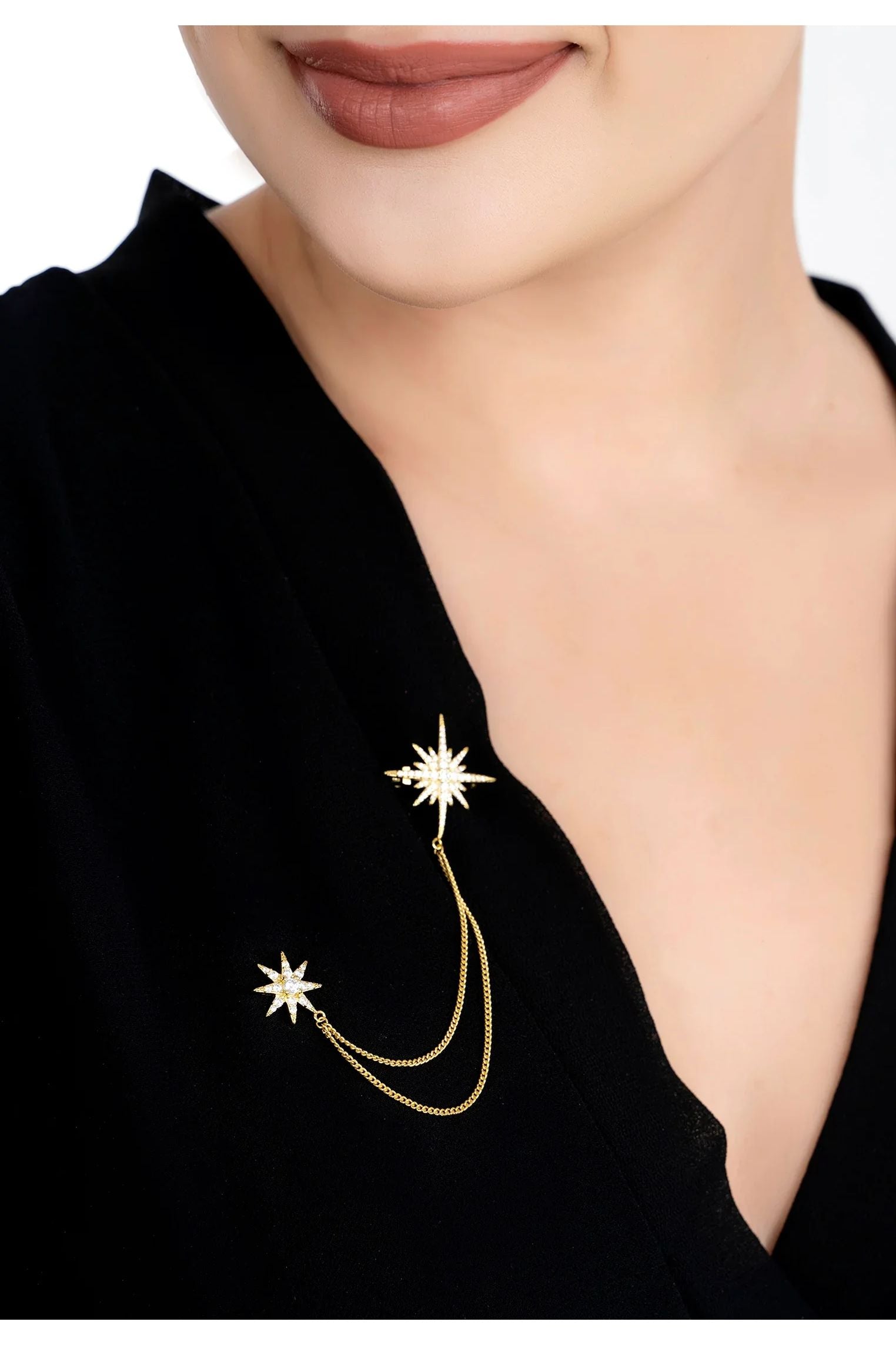 The brooch worn by a model.