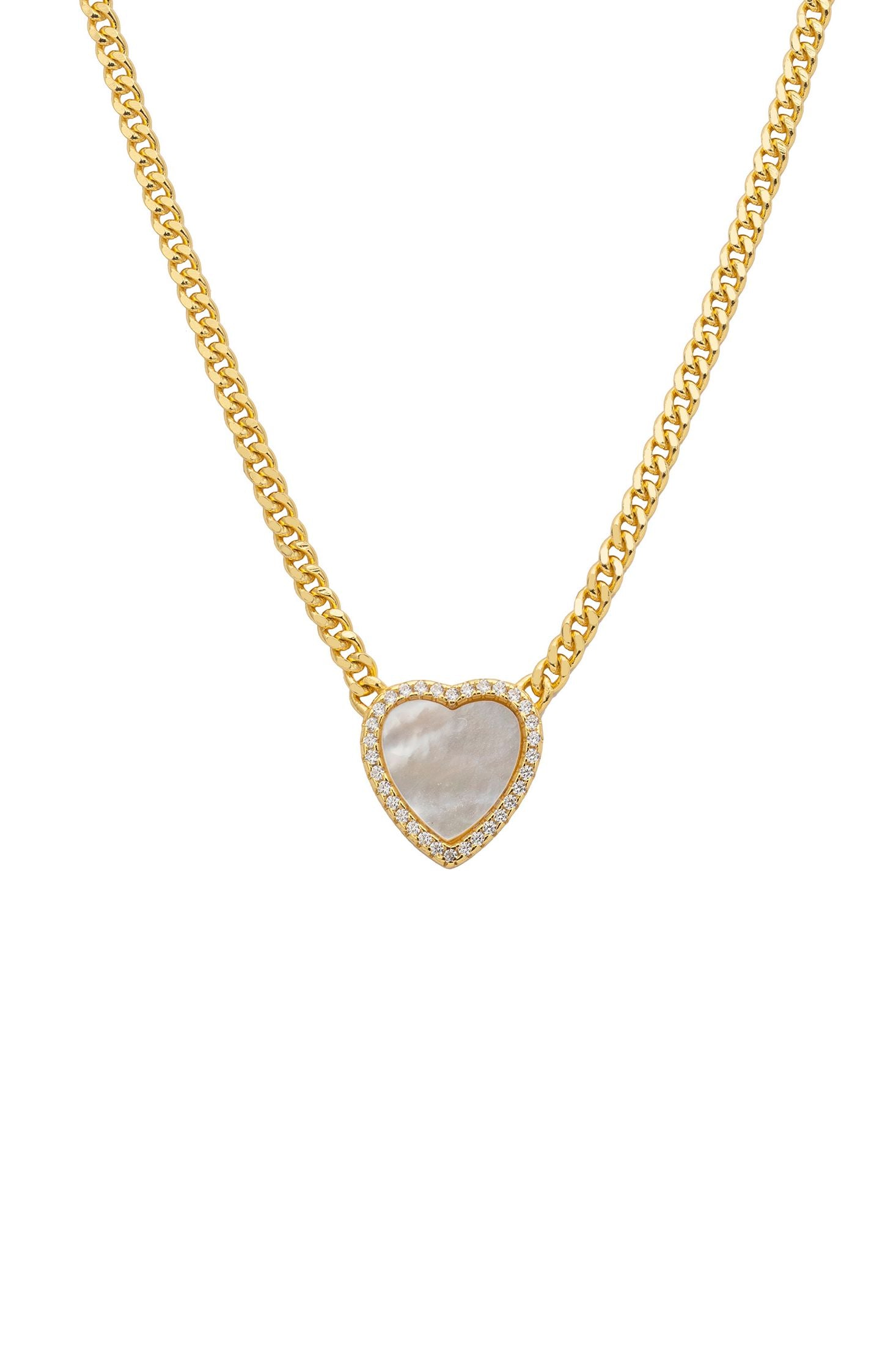 18k gold plated necklace with a mother of pearl heart charm and cubic zirconia.