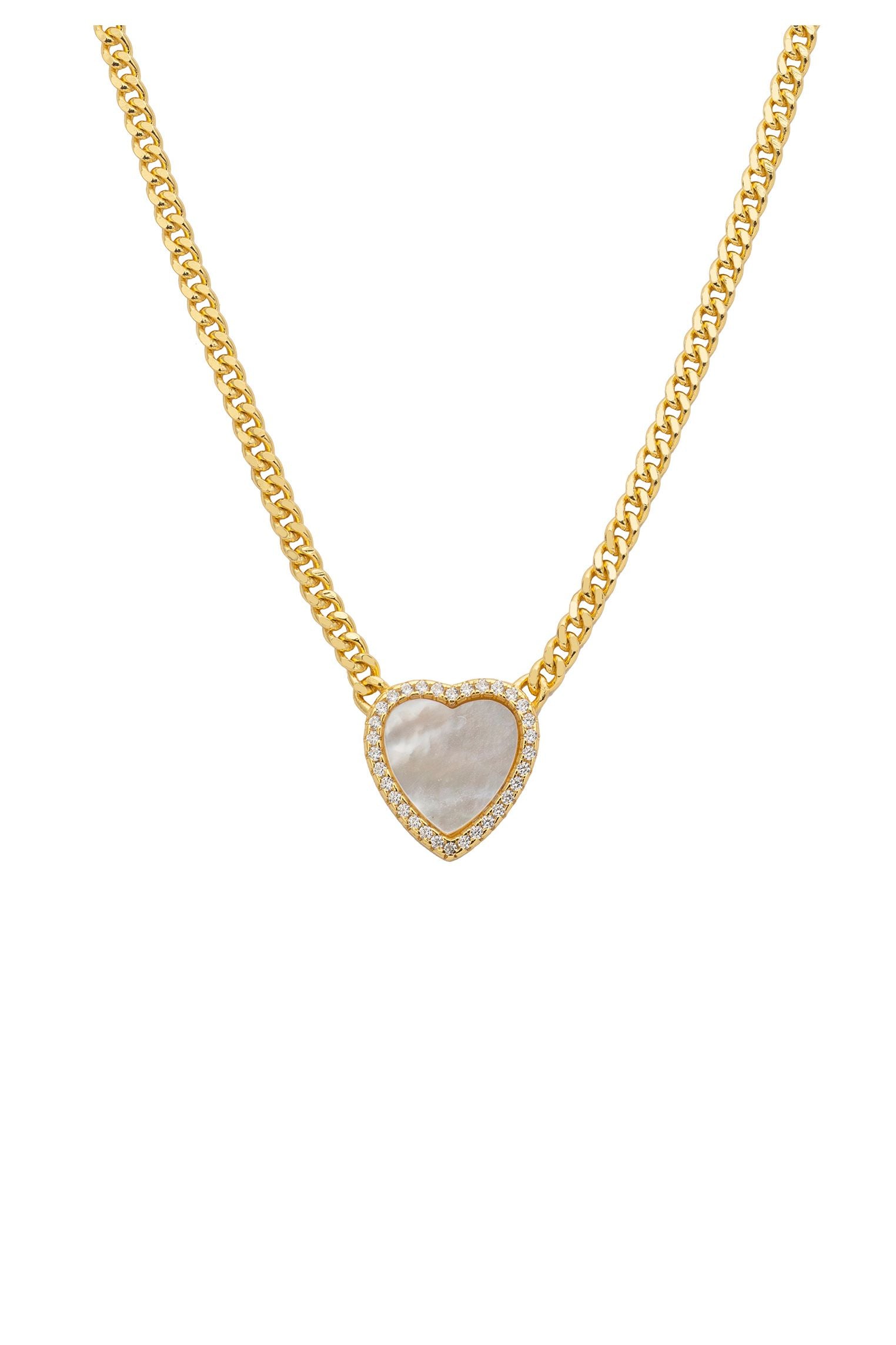 18k gold plated necklace with a mother of pearl heart charm and cubic zirconia.