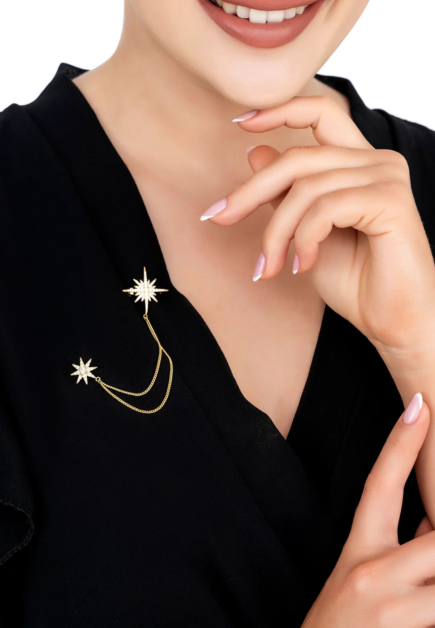 The brooch worn by a model.