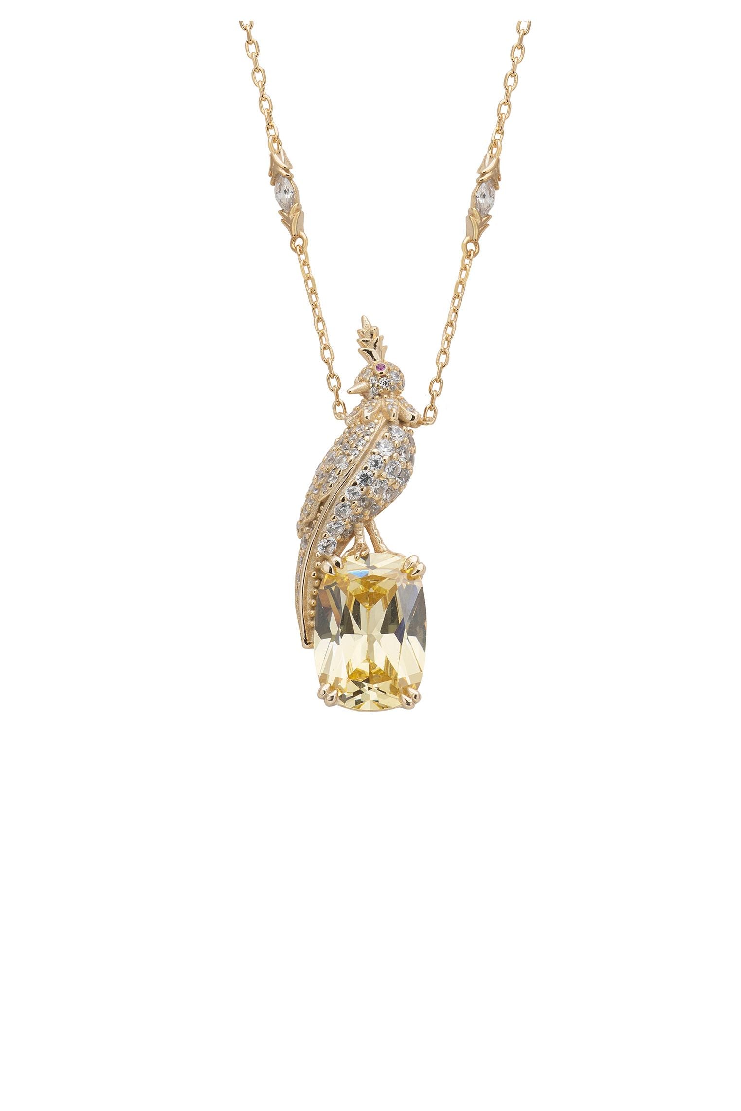 Crested Love Bird Pendant Necklace Yellow Topaz Gold