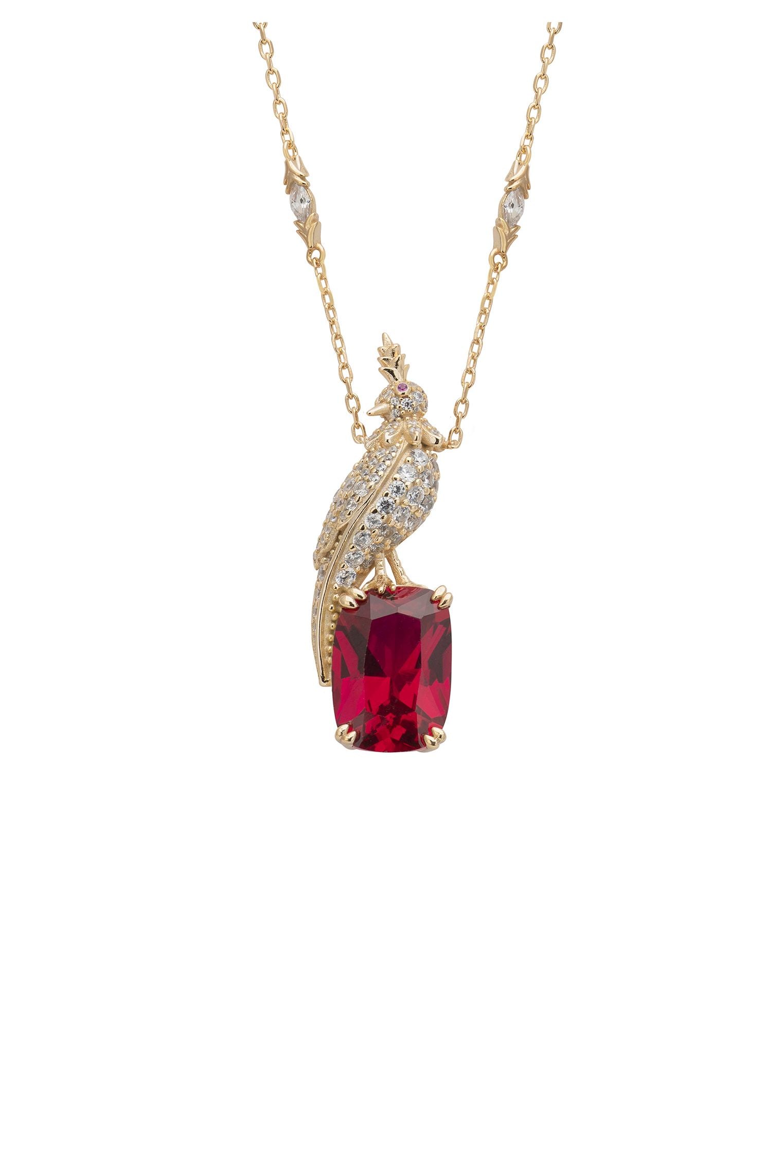Crested Love Bird Pendant Necklace Ruby Gold