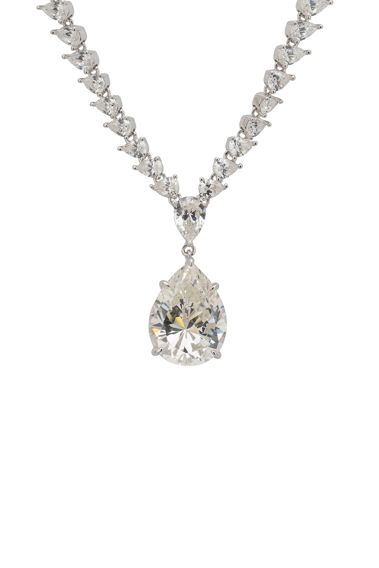 Diamond necklace with a pear-shaped pendant on a white background