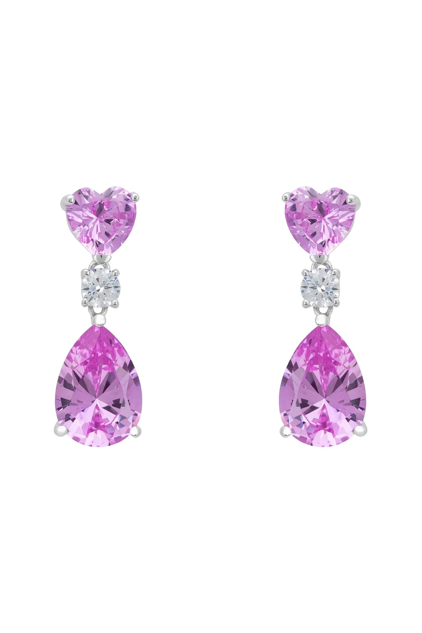 Pink gemstone heart and teardrop earrings.
