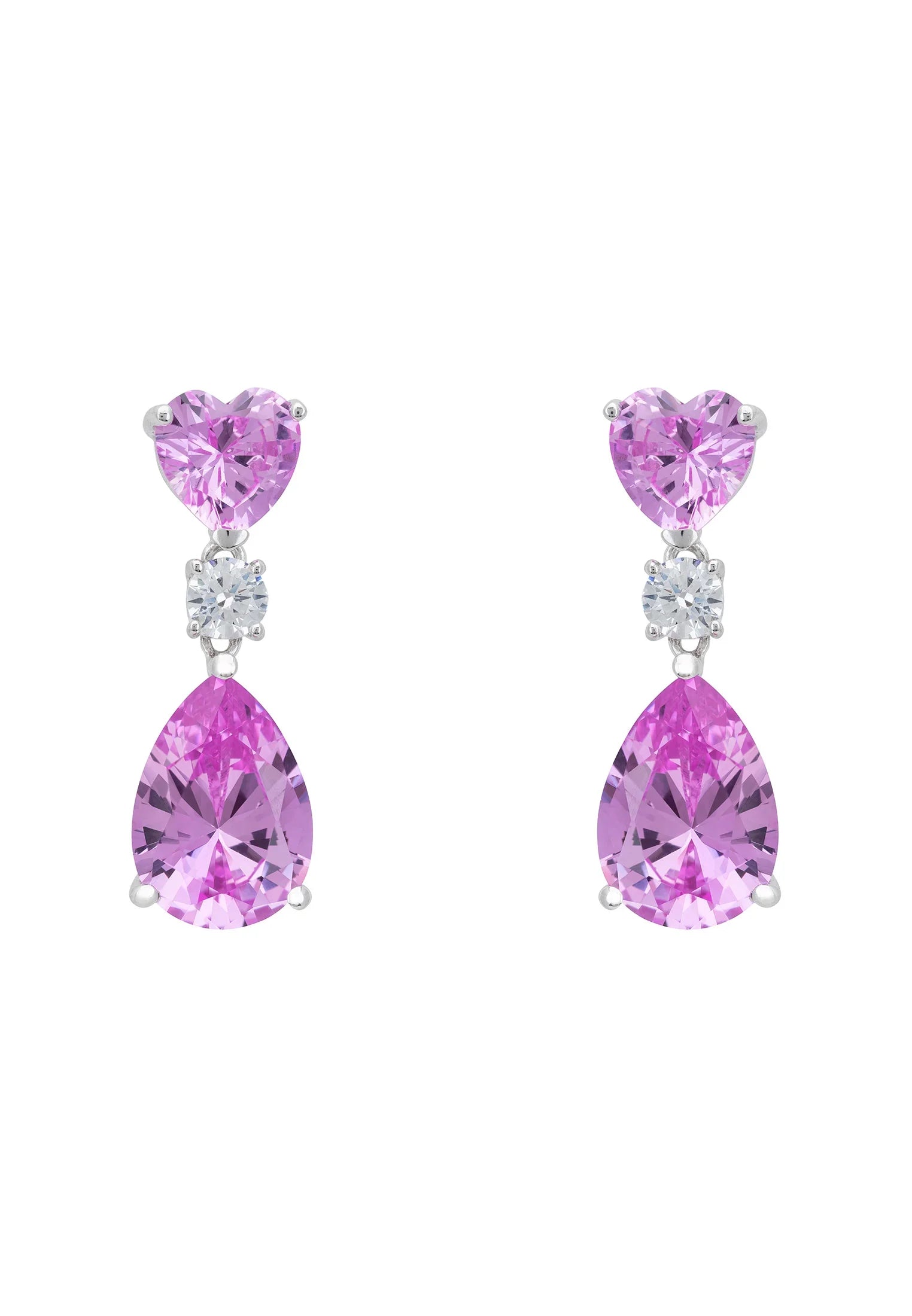Pink gemstone heart and teardrop earrings.