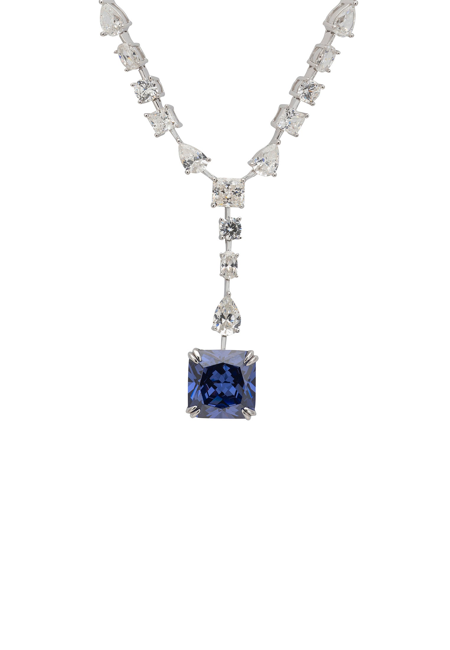 Elegant necklace with a blue gemstone pendant on a white background