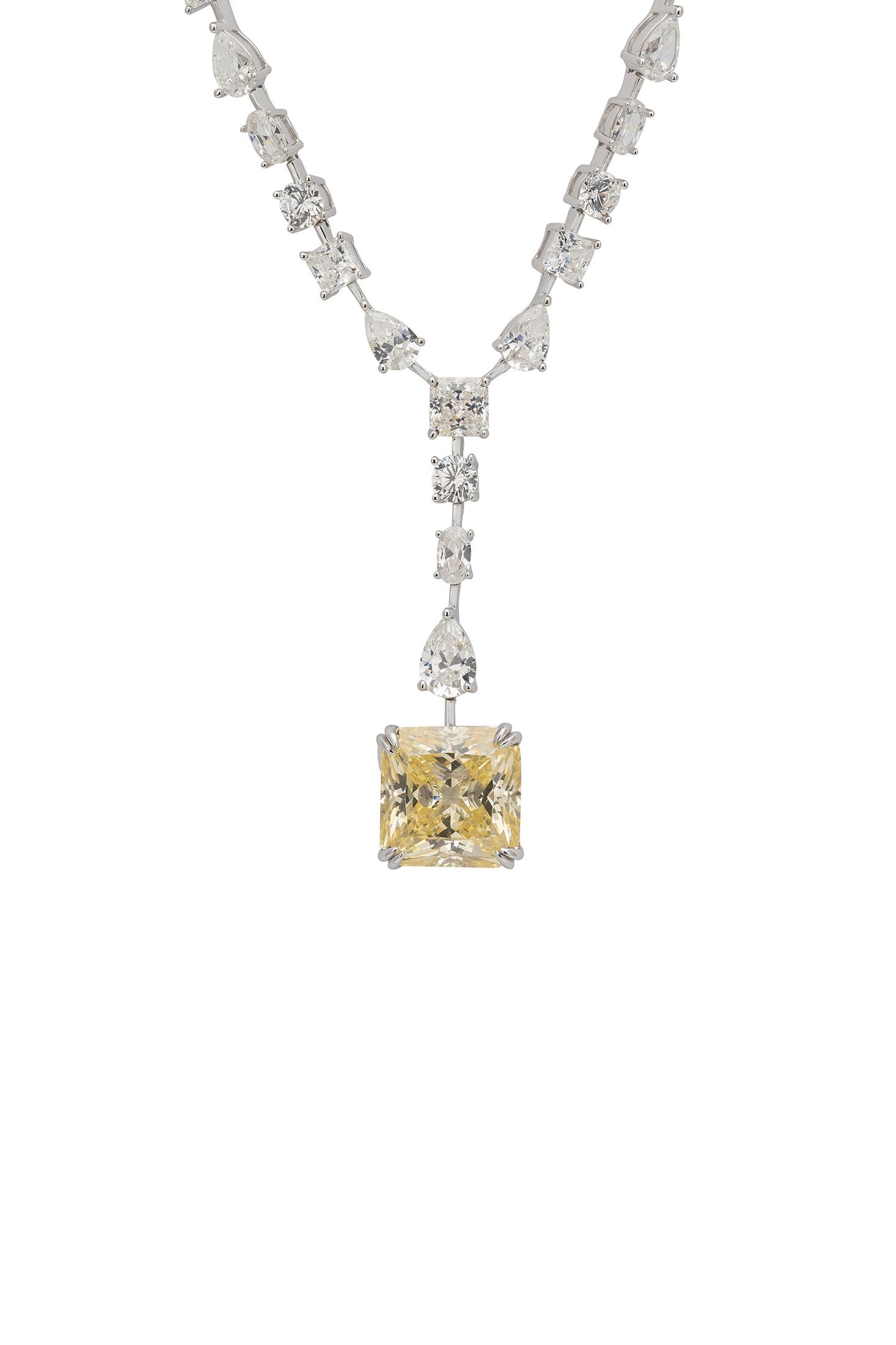 Silver statement necklace with a yellow center stone on a white background