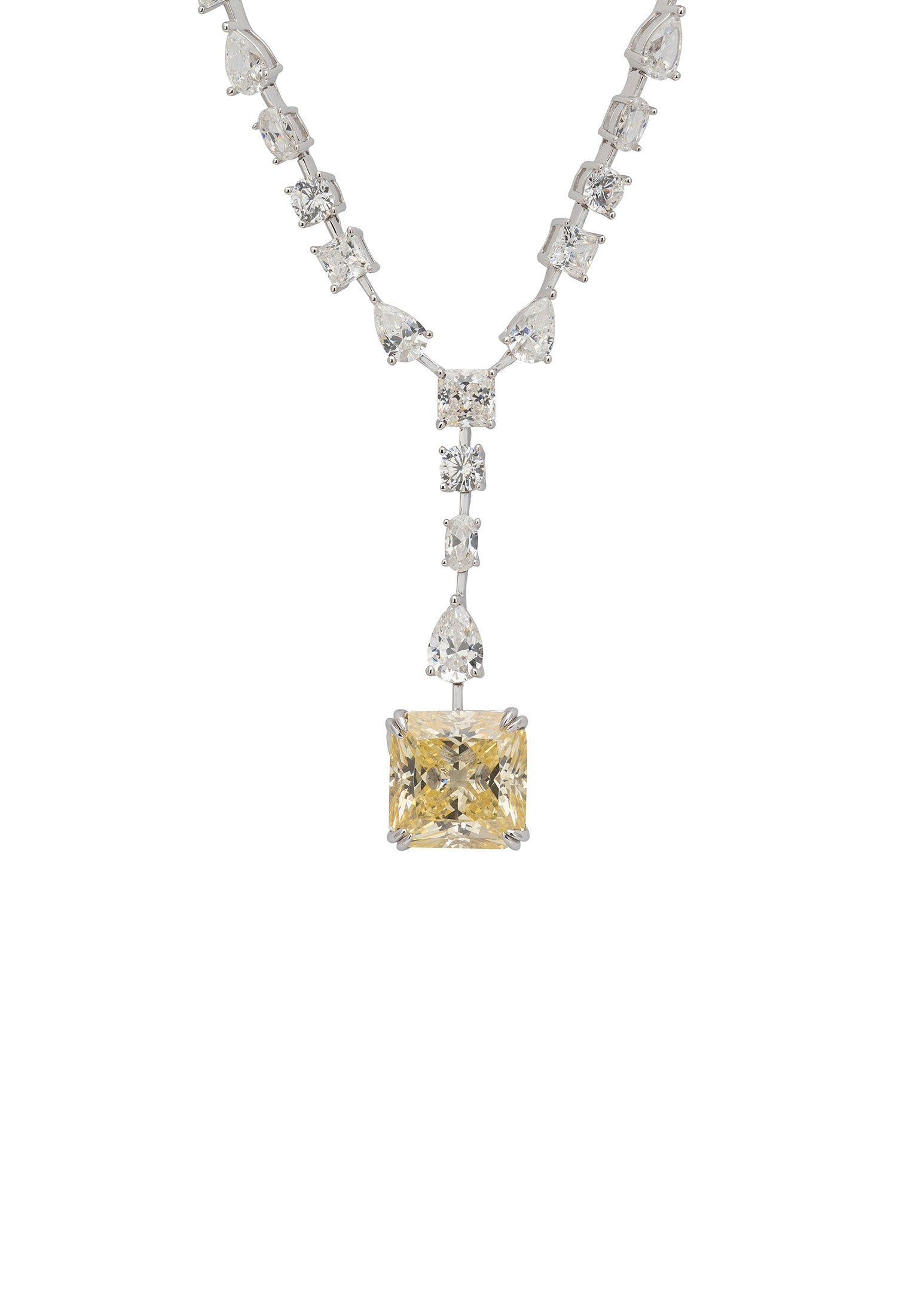 Silver statement necklace with a yellow center stone on a white background