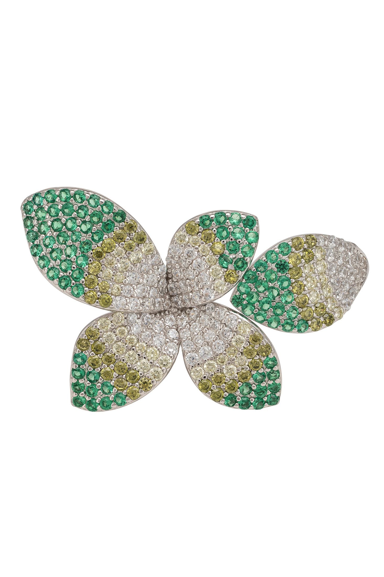 Butterfly-shaped jewelry piece with green and gold accents on a white background
