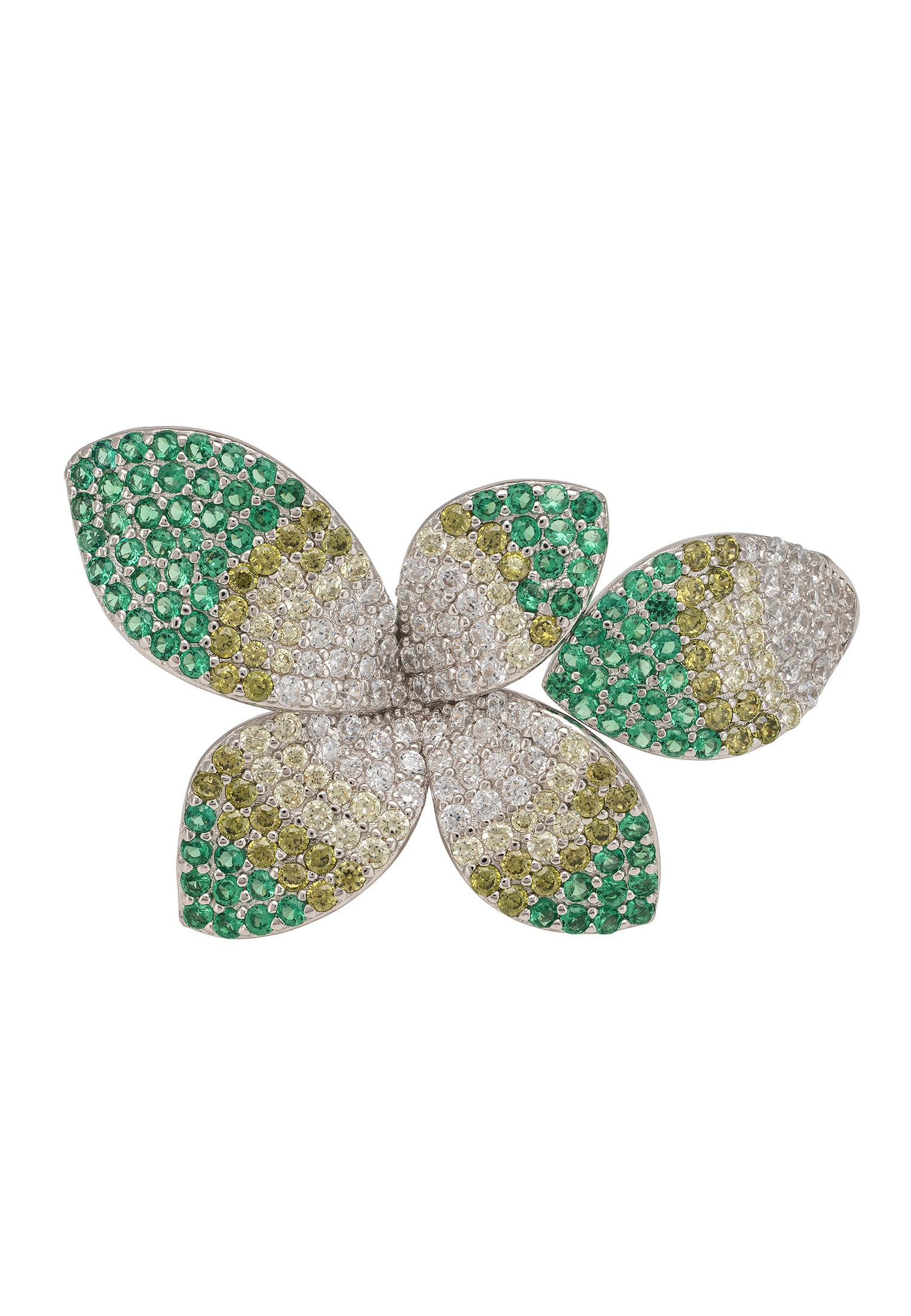 Butterfly-shaped jewelry piece with green and gold accents on a white background