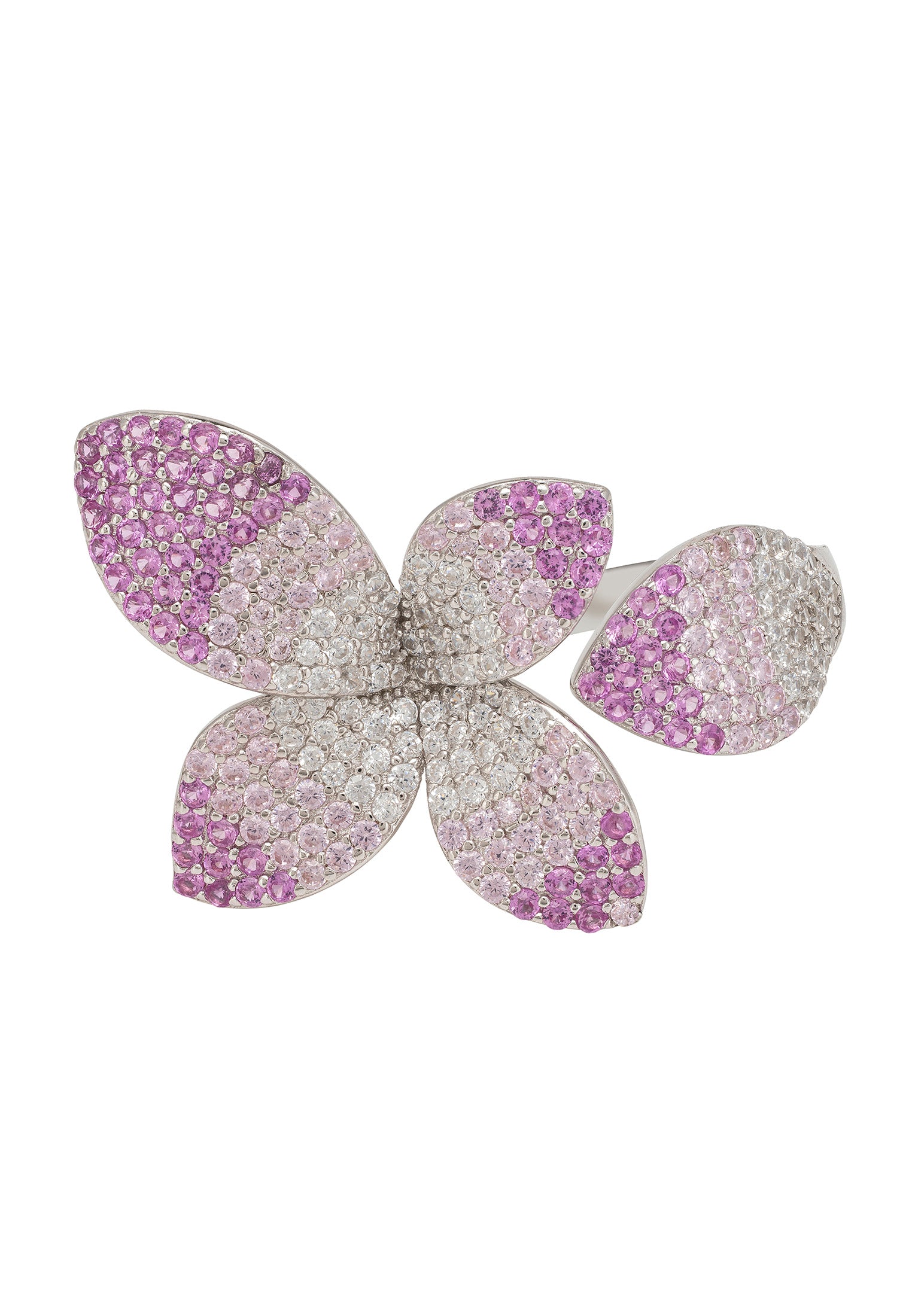 Butterfly-shaped ring with purple and silver glitter on a white background