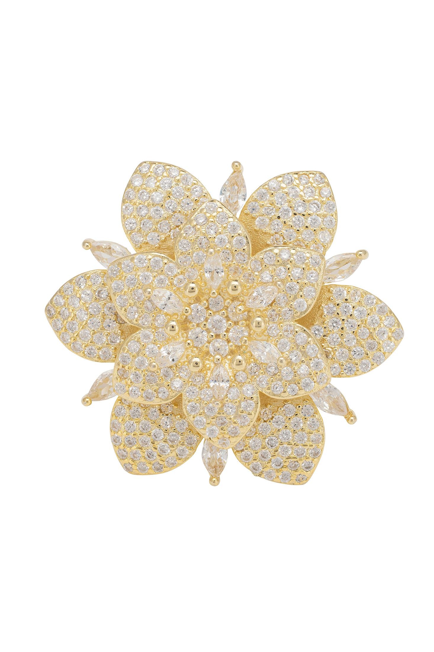 Gold flower-shaped ring with clear gemstones on a white background