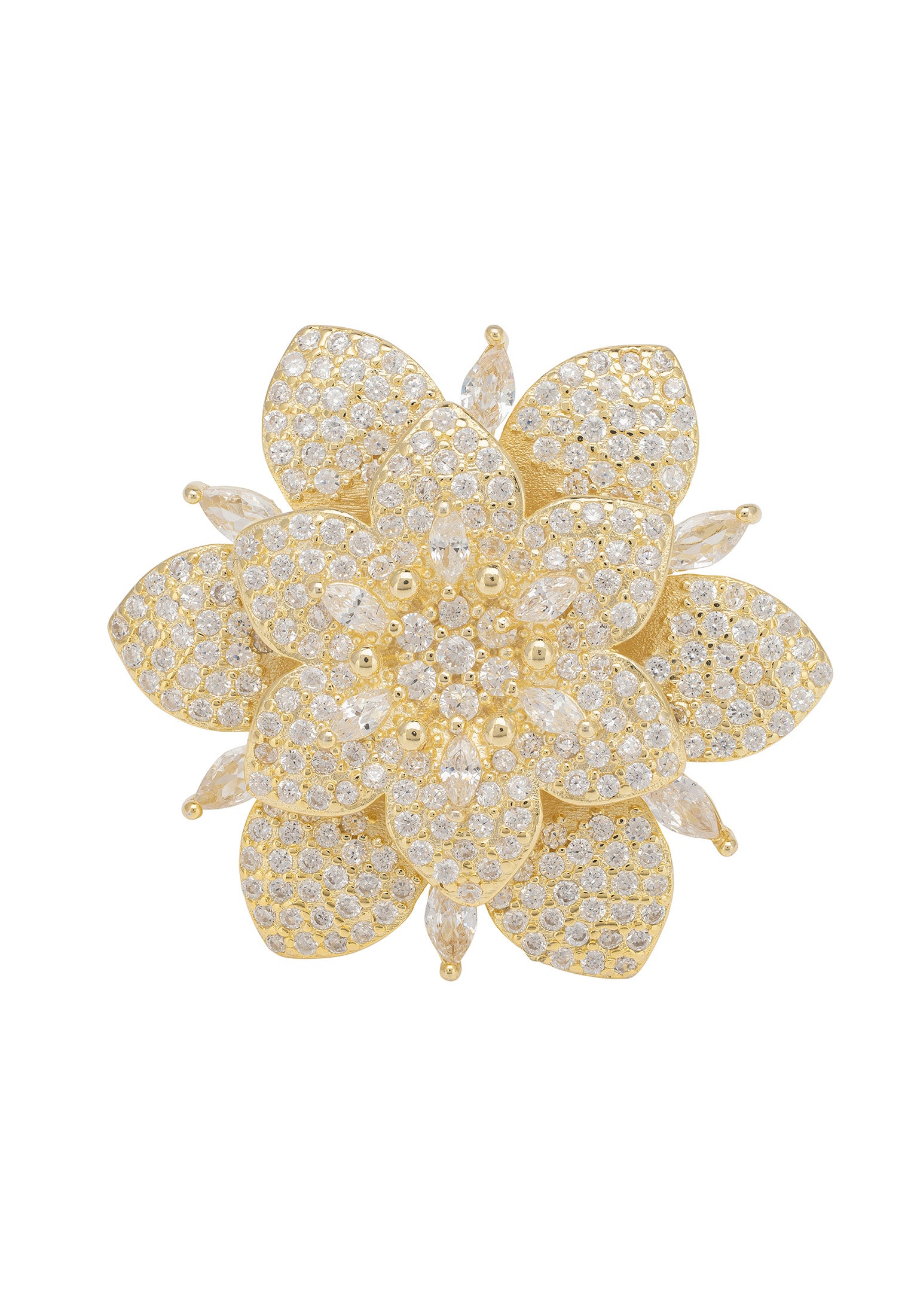 Gold flower-shaped ring with clear gemstones on a white background
