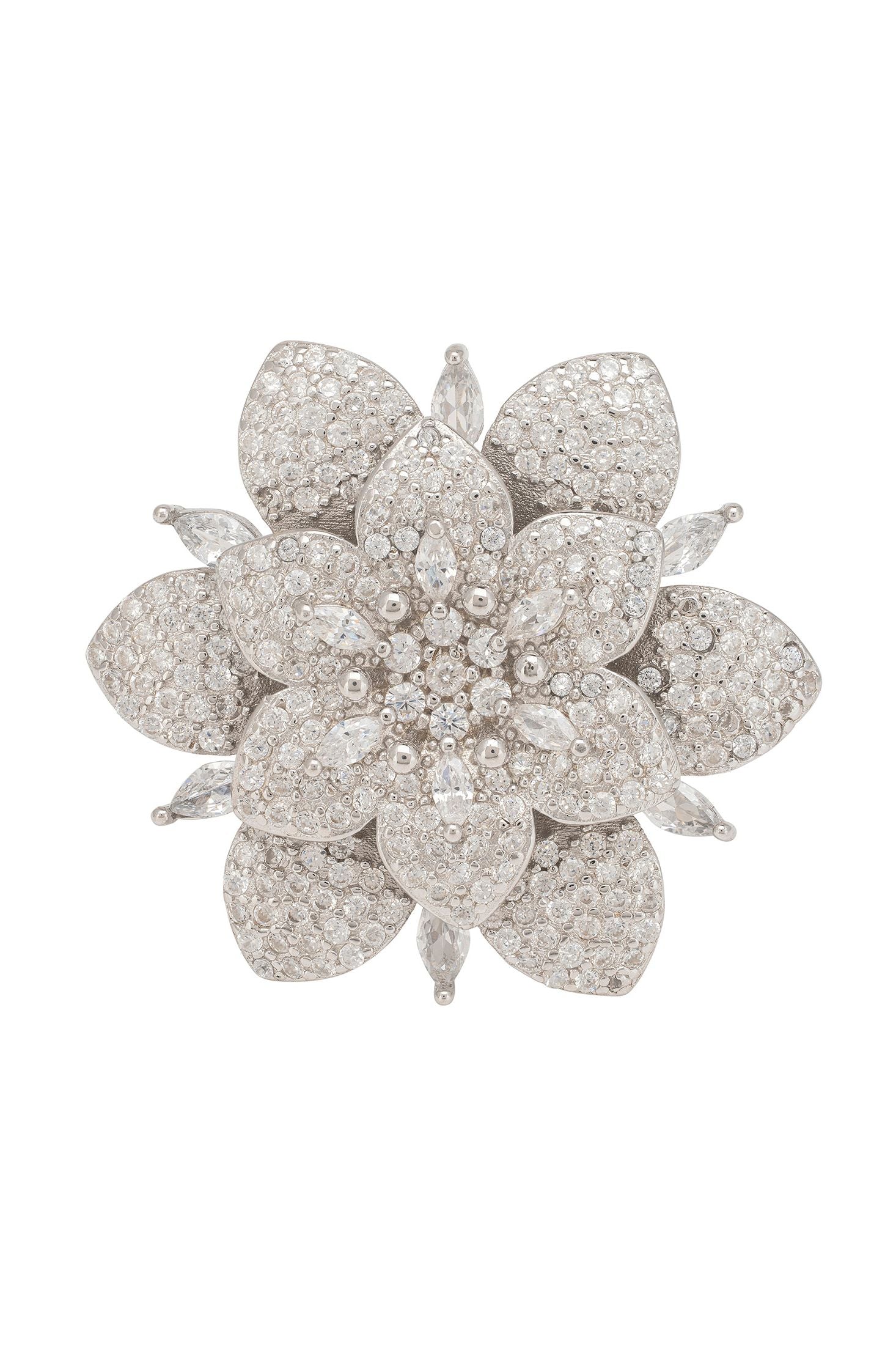 Silver flower-shaped ring with clear gemstones on a white background