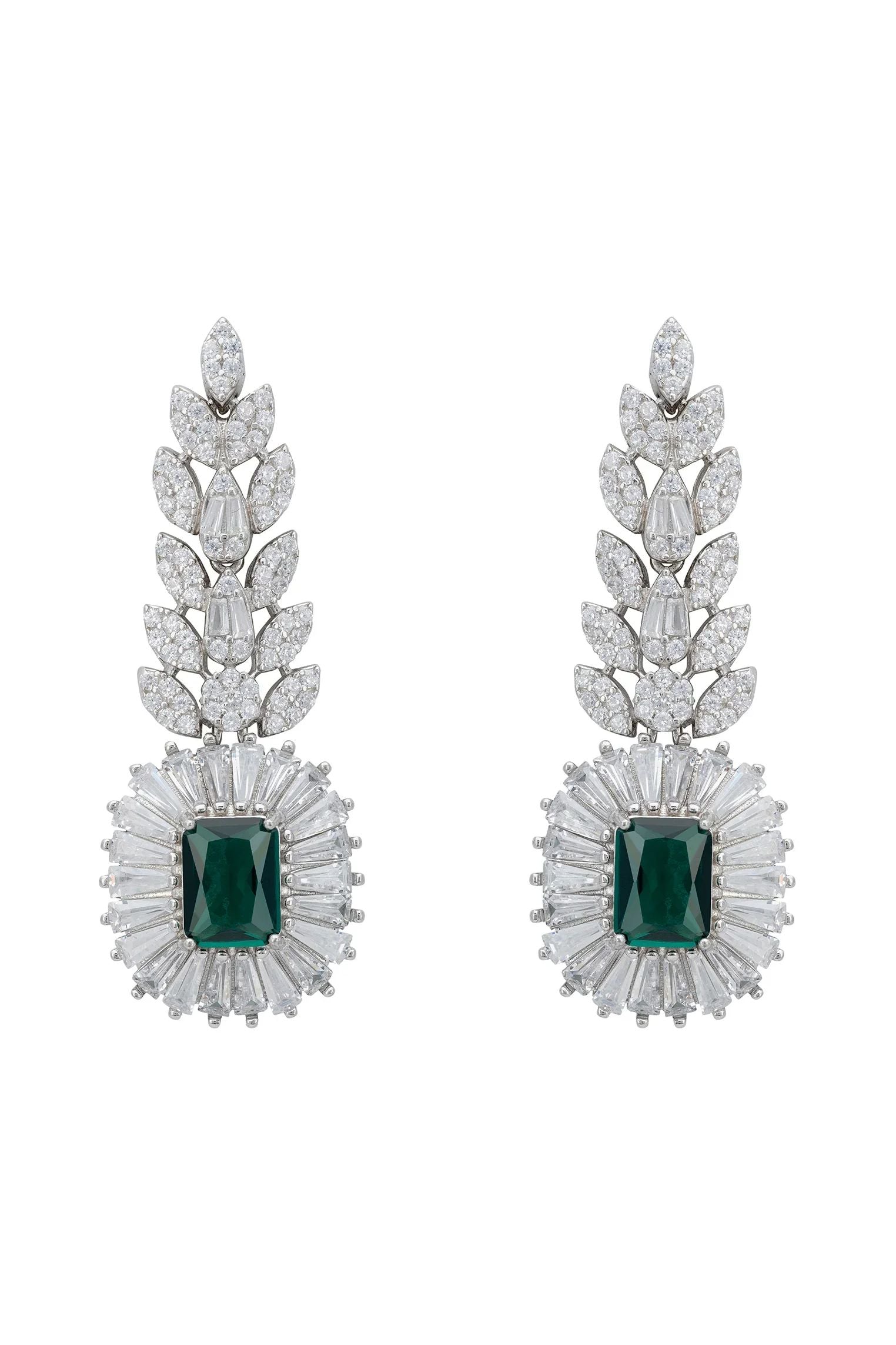 Floral emerald and diamond drop earrings.
