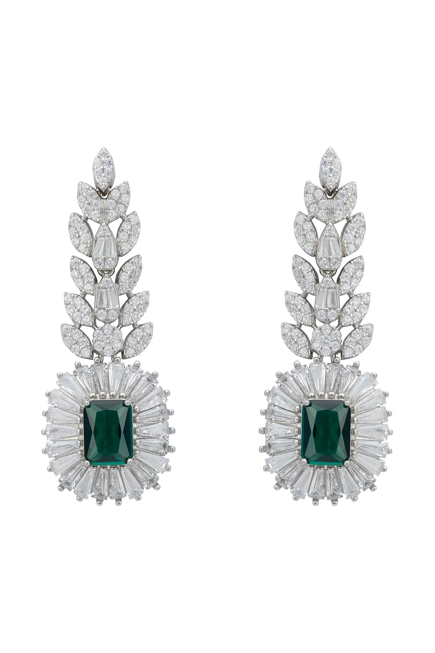 Floral emerald and diamond drop earrings.