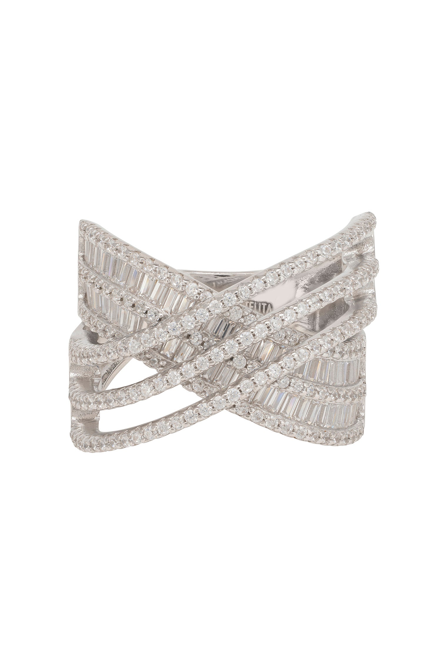 Silver ring with intricate design on a white background