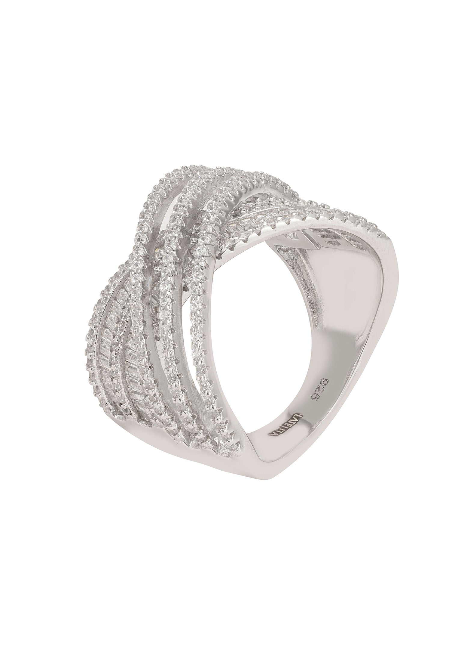 Silver ring with multiple bands on a white background