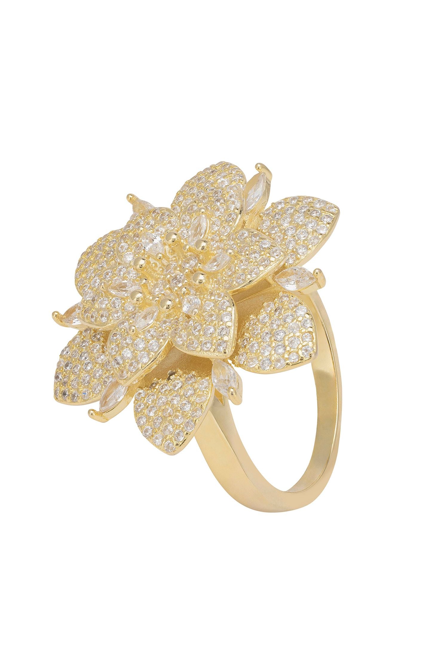 Gold ring with floral design on a white background