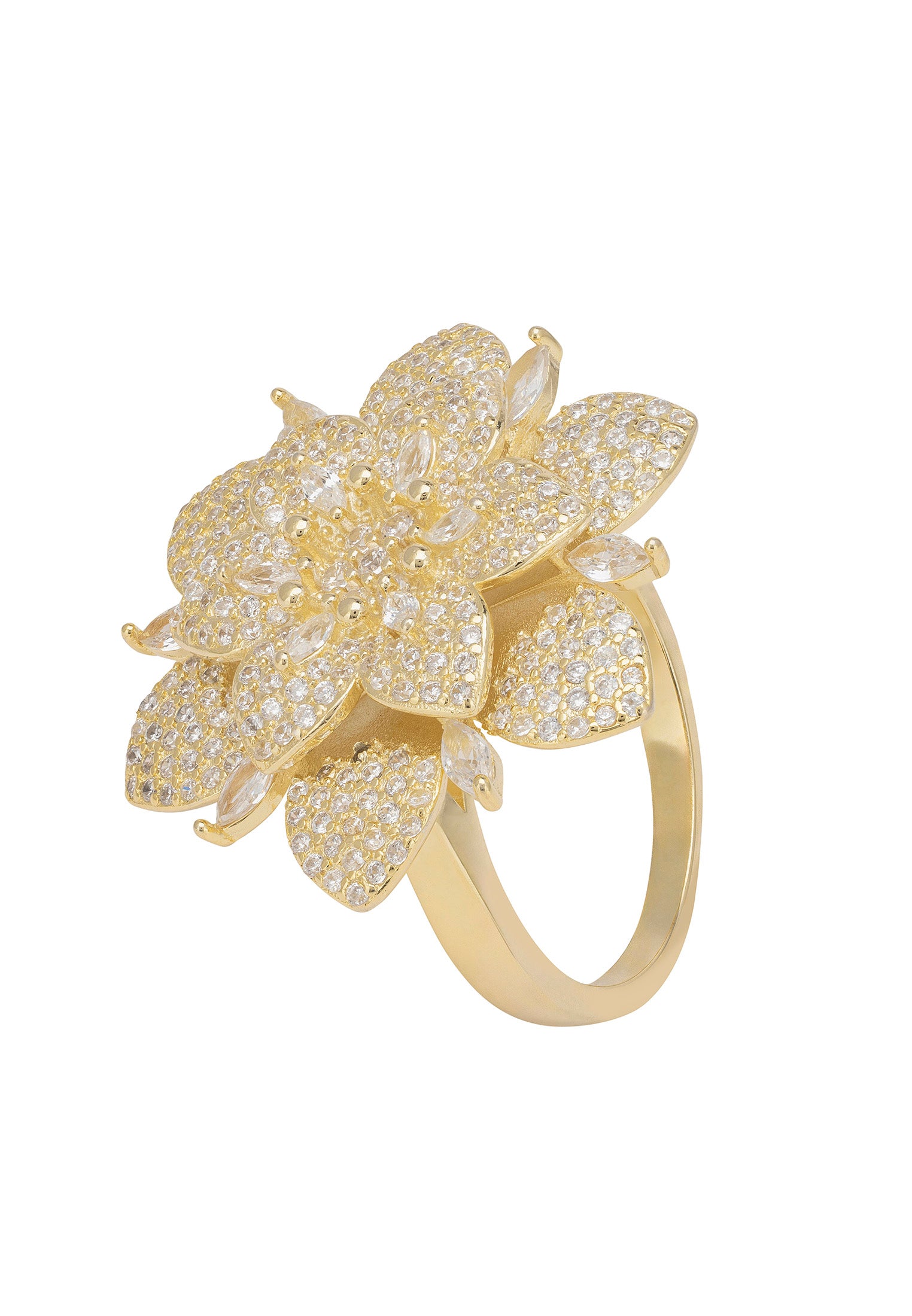 Gold ring with floral design on a white background