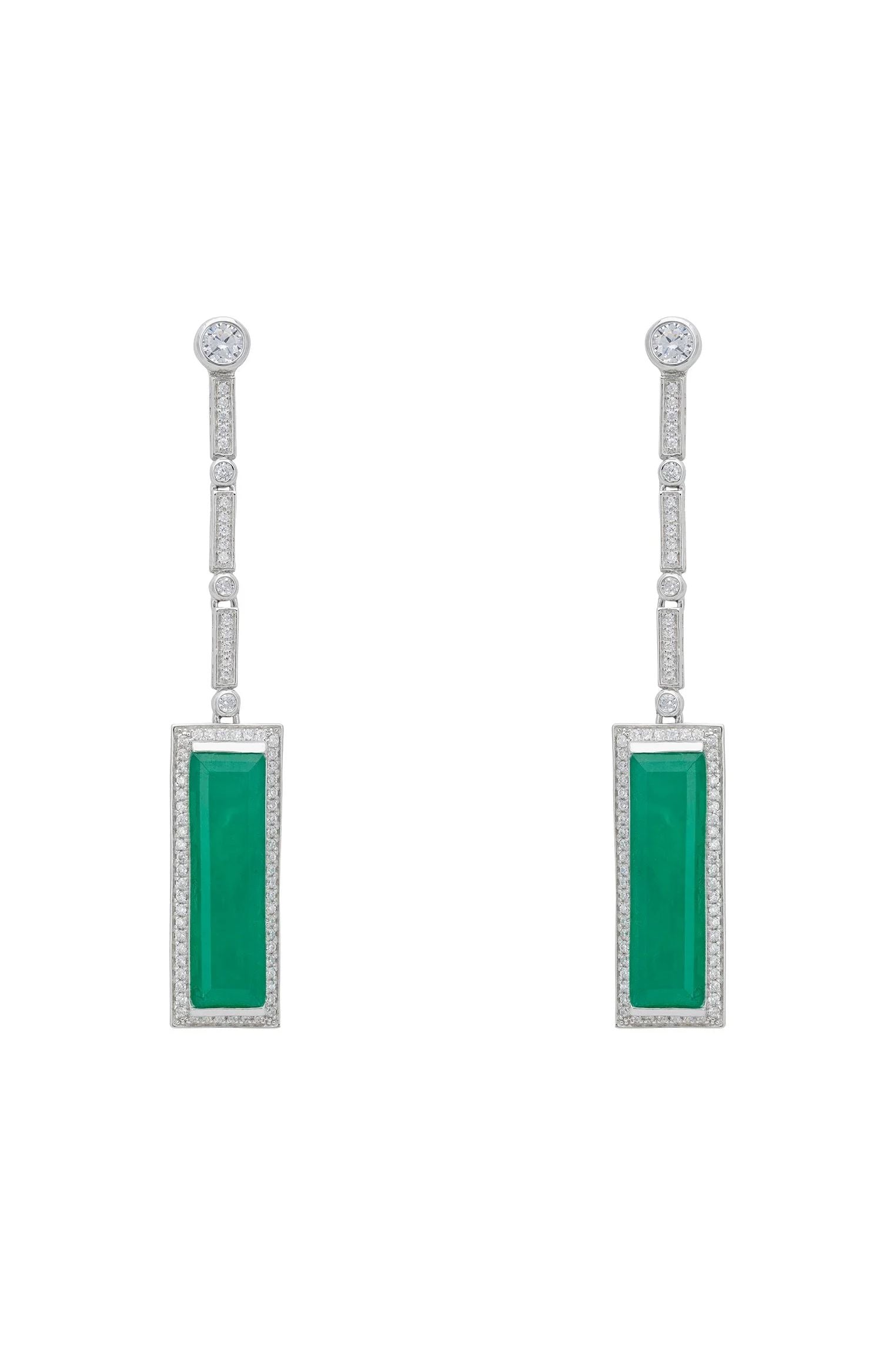 Rectangle emerald diamond drop earrings.