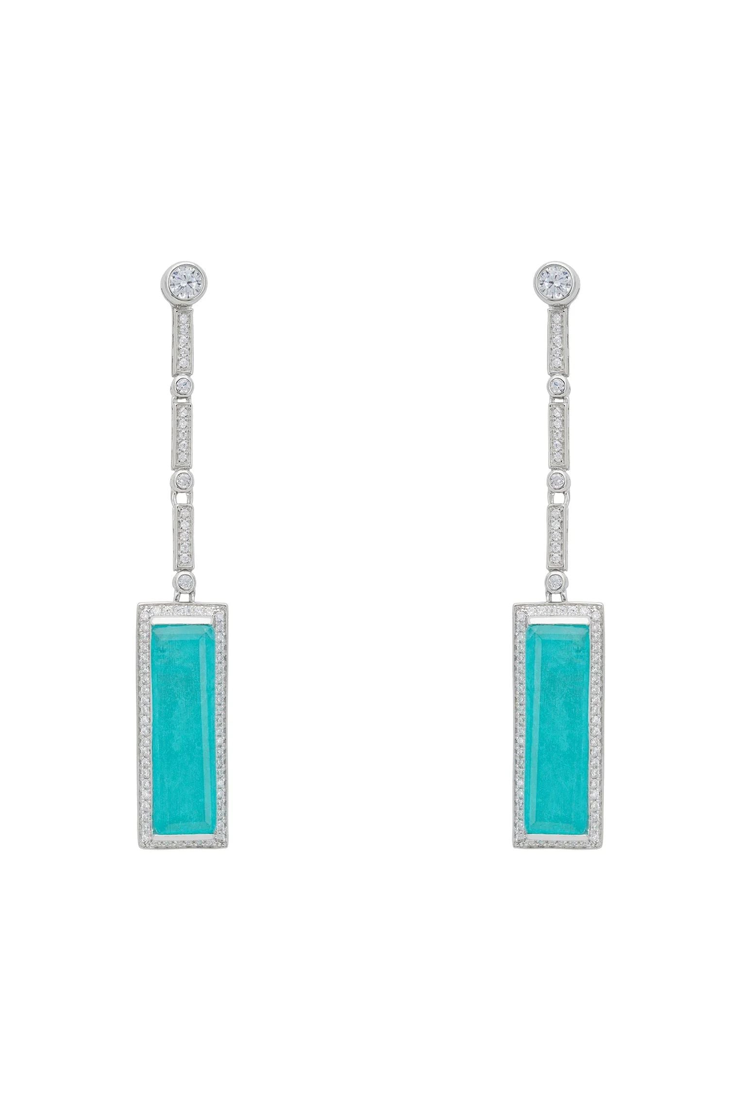 Rectangle blue gemstone diamond drop earrings.