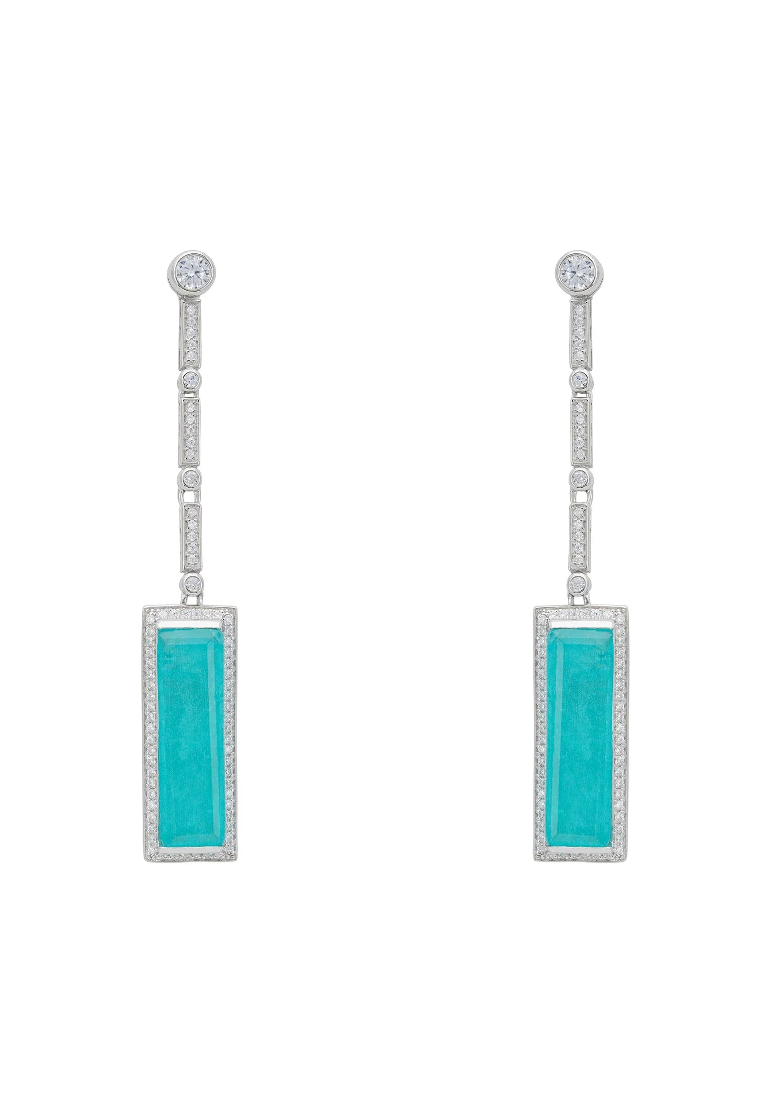 Rectangle blue gemstone diamond drop earrings.