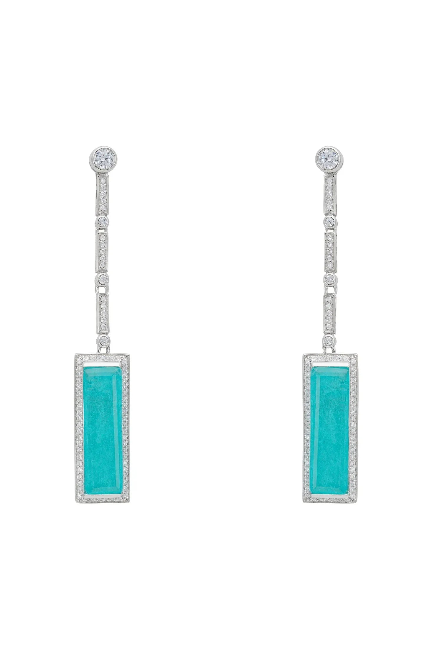 Rectangle blue gemstone diamond drop earrings.