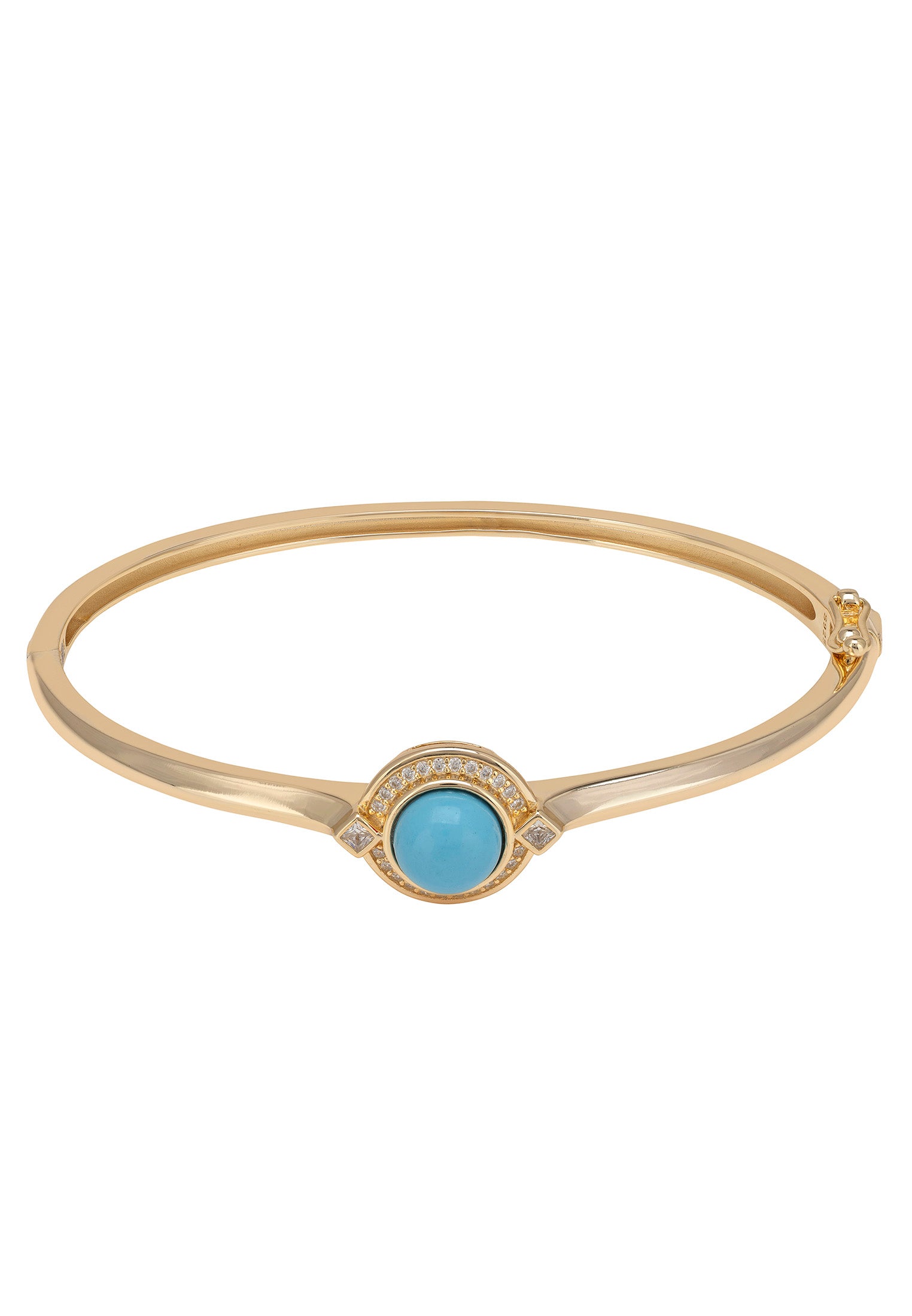 Gold bracelet with a blue gemstone on a white background