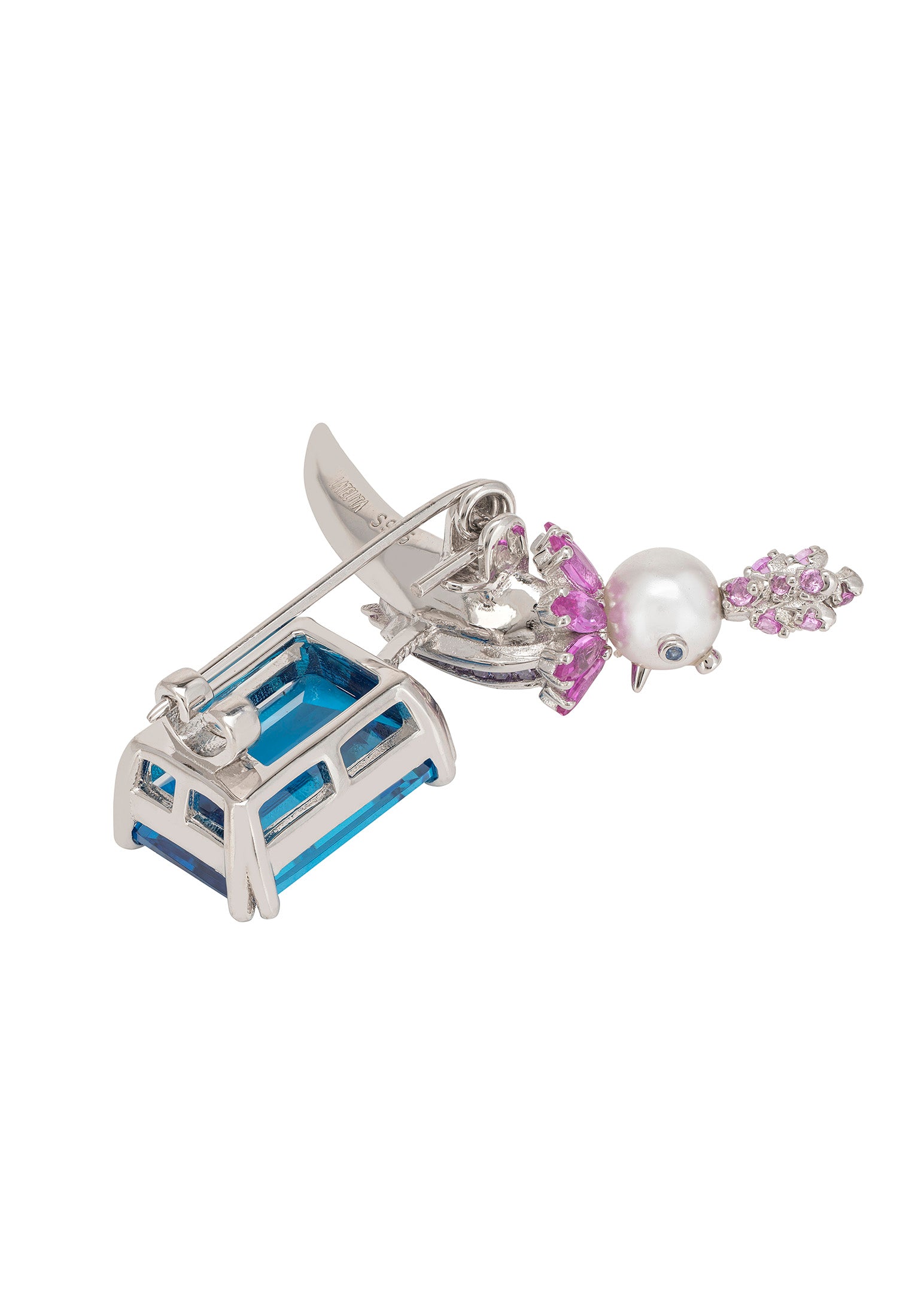 Bird Of Paradise Pearl Brooch Blue Topaz Silver