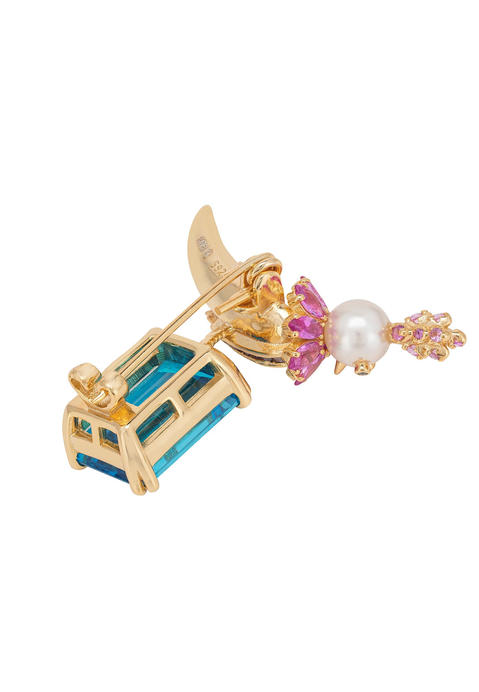 Bird Of Paradise Pearl Brooch Blue Topaz Gold