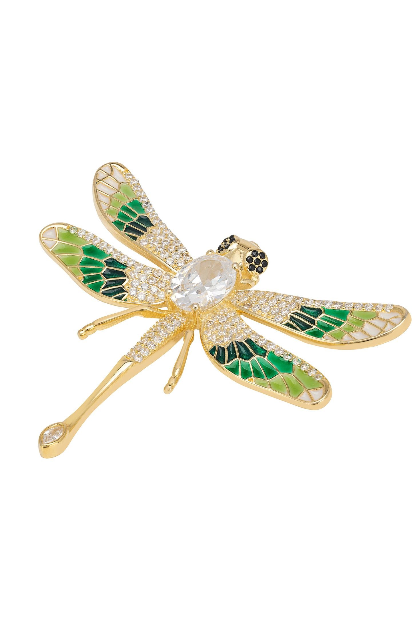 Gold and green dragonfly-shaped brooch on a white background