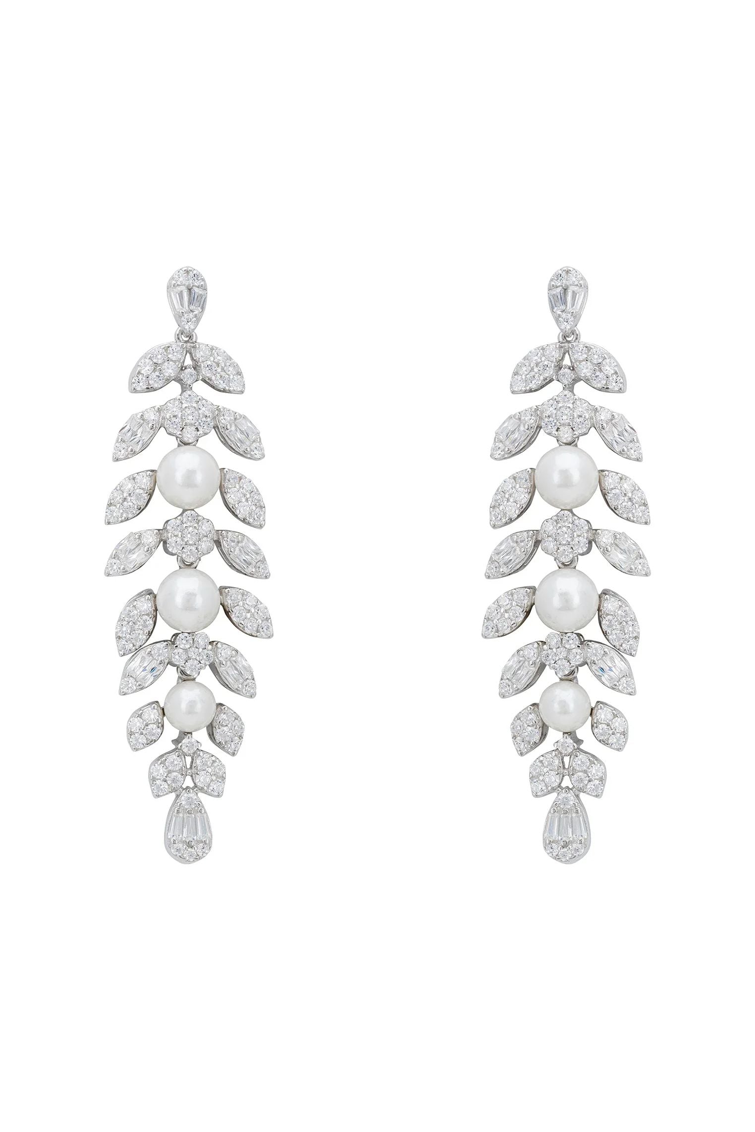 Diamond leaf earrings with pearl dew.