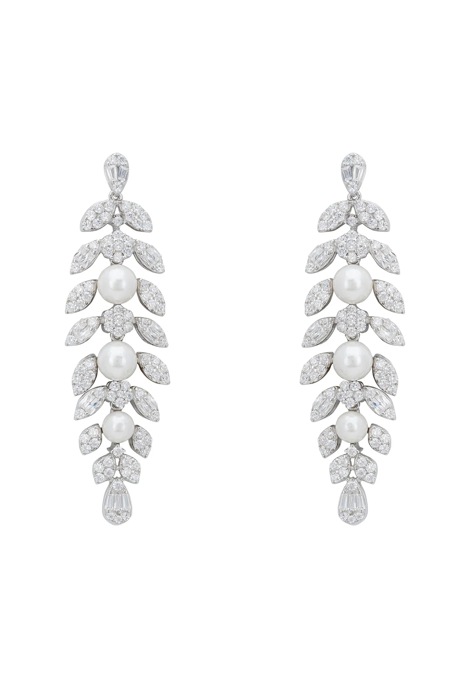 Diamond leaf earrings with pearl dew.