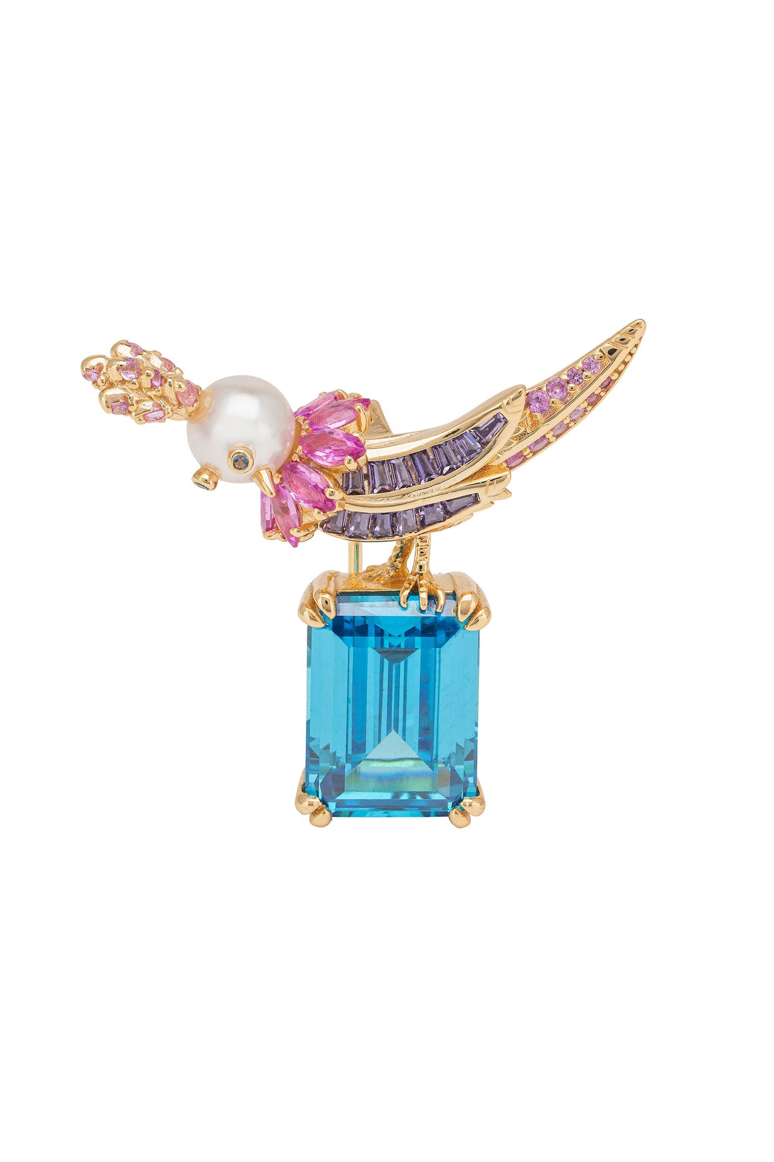 Bird Of Paradise Pearl Brooch Blue Topaz Gold