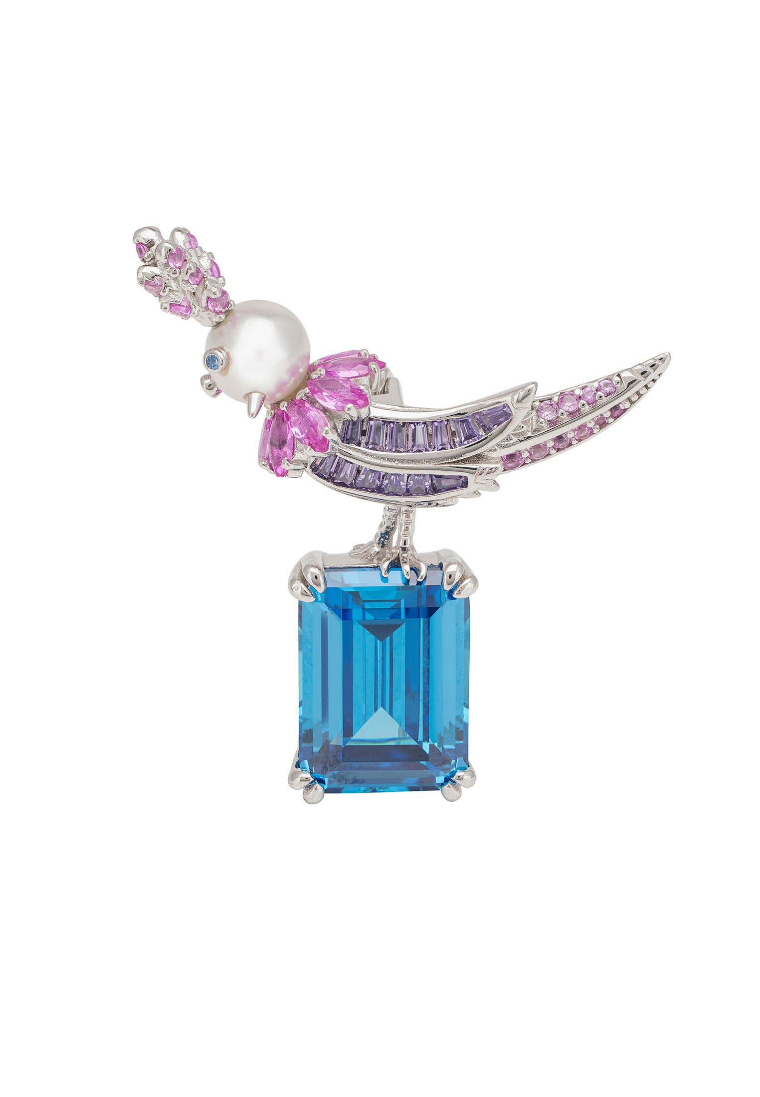 Bird Of Paradise Pearl Brooch Blue Topaz Silver