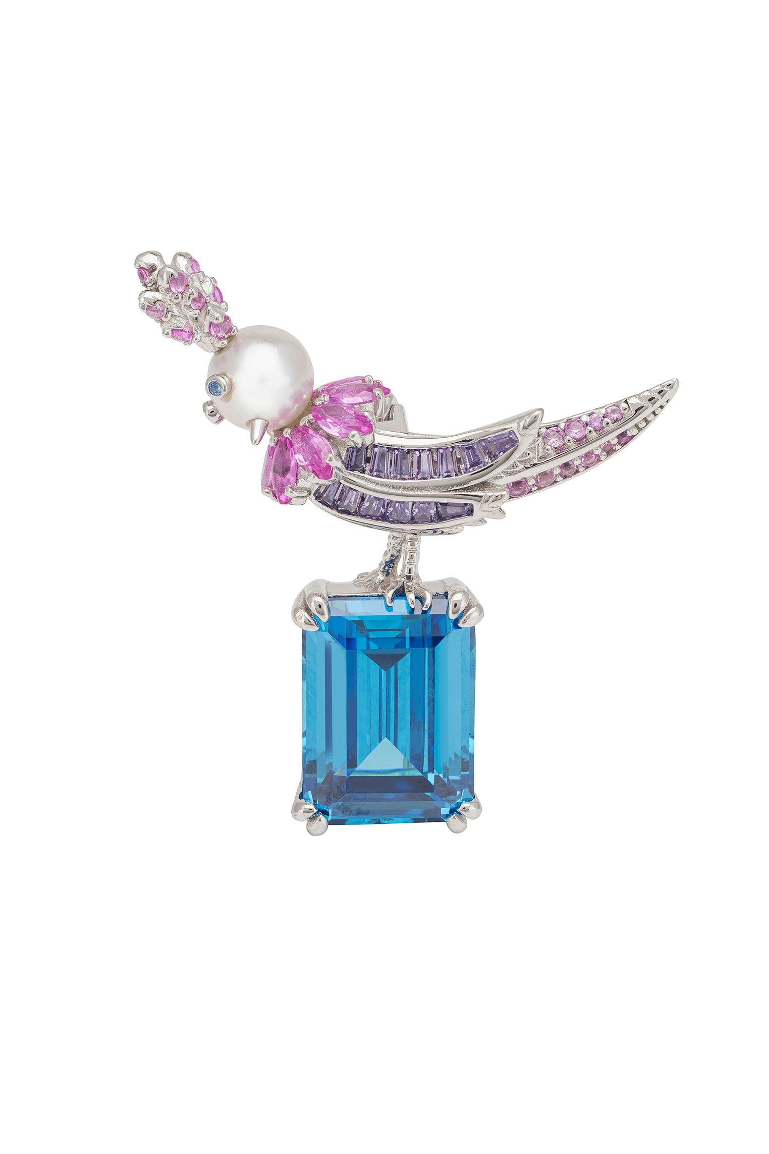 Bird Of Paradise Pearl Brooch Blue Topaz Silver