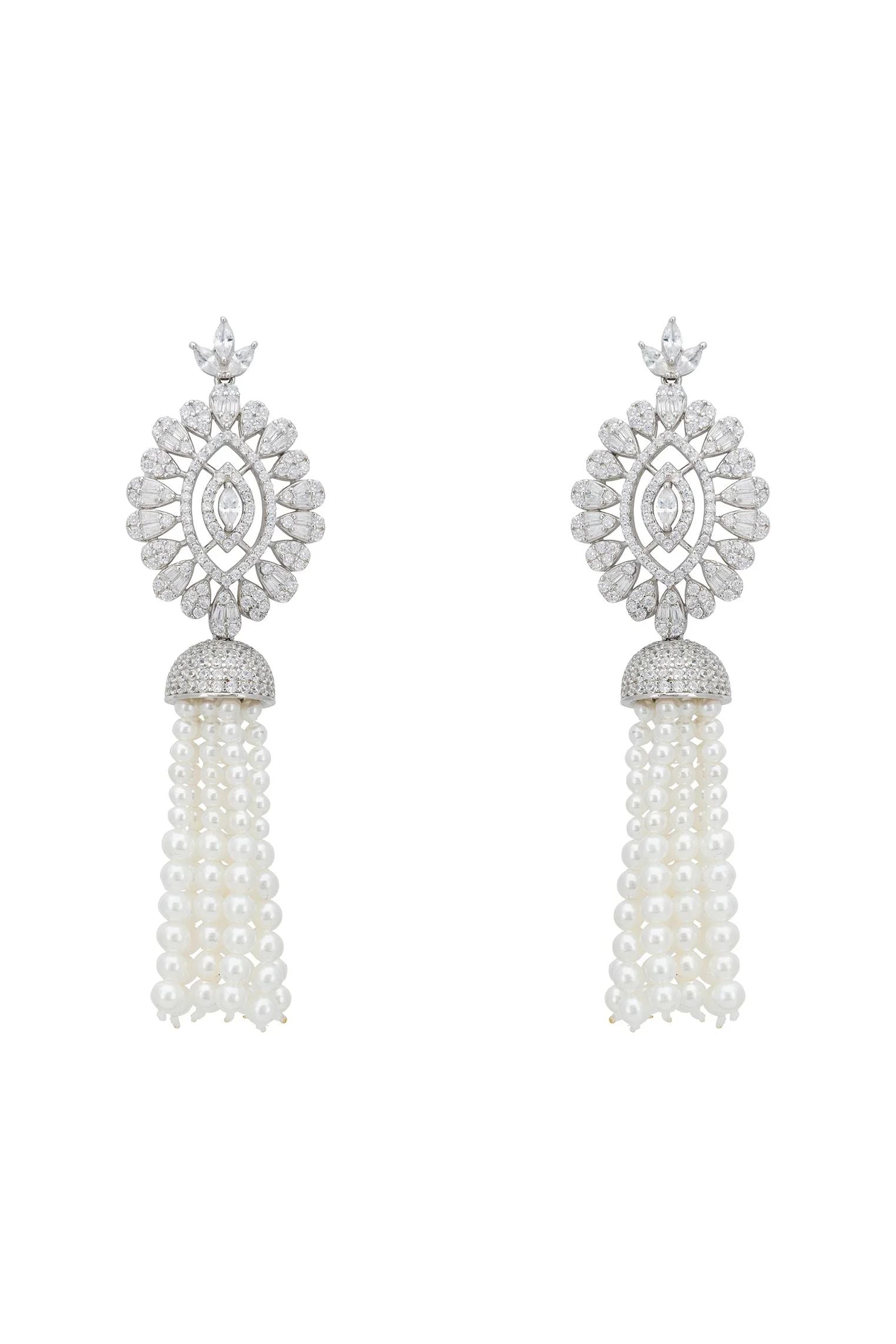 Diamond pearl tassel earrings.