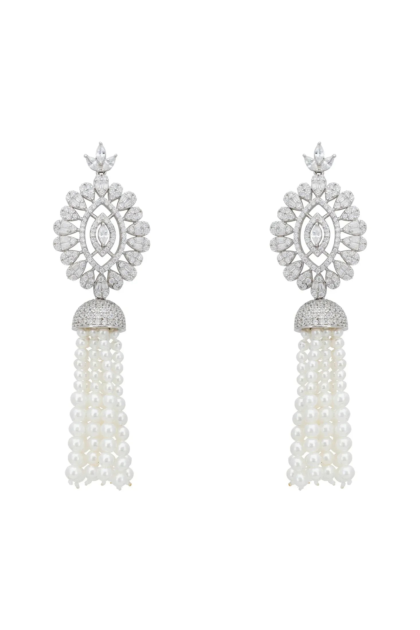 Diamond pearl tassel earrings.