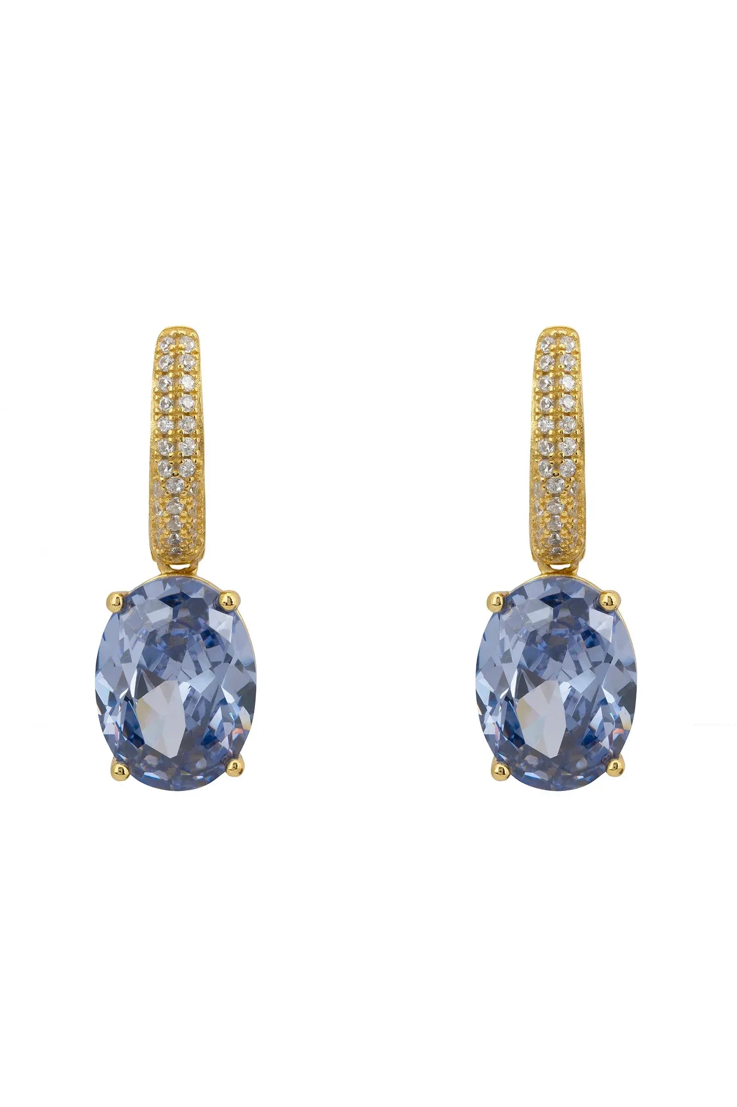 Oval blue gemstone gold earrings.